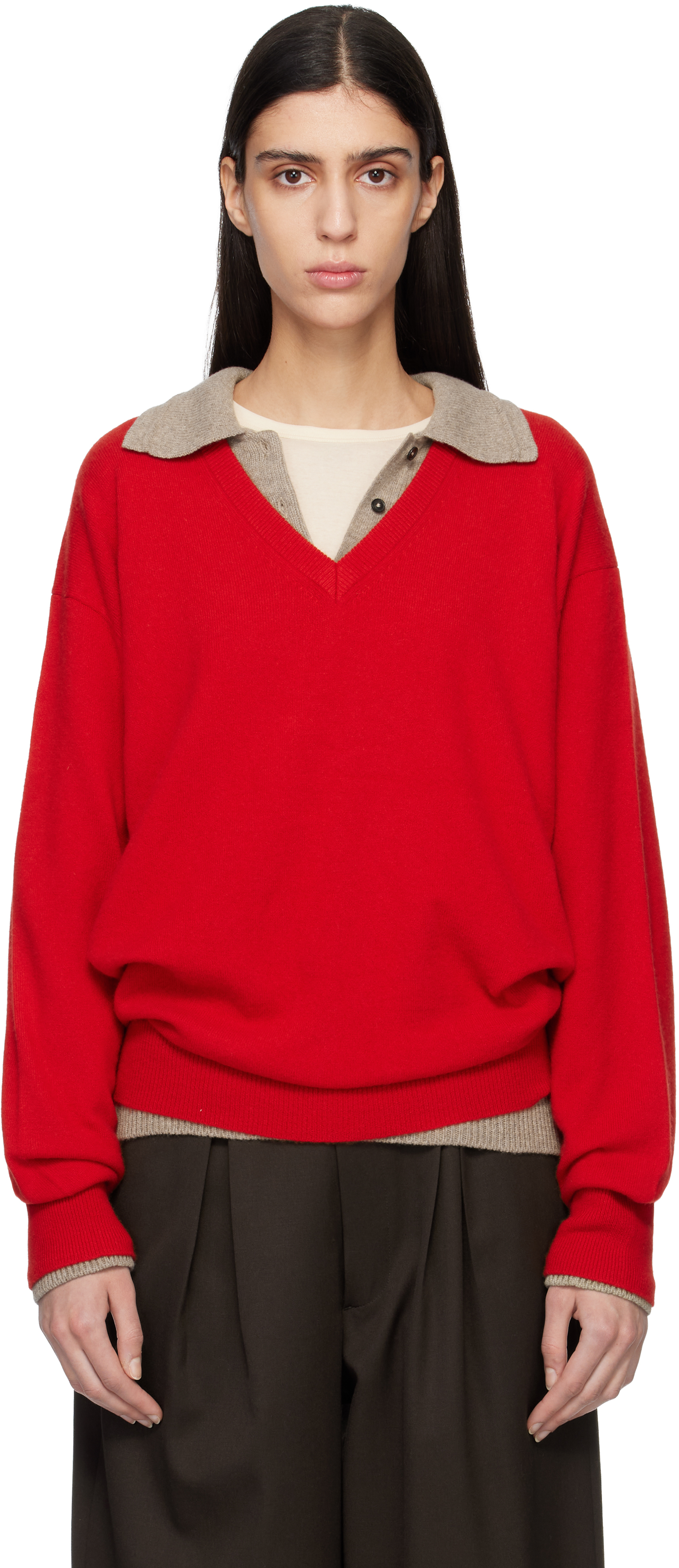 ssstein: Red Pure Cashmere Knit V Neck LS Sweater | SSENSE