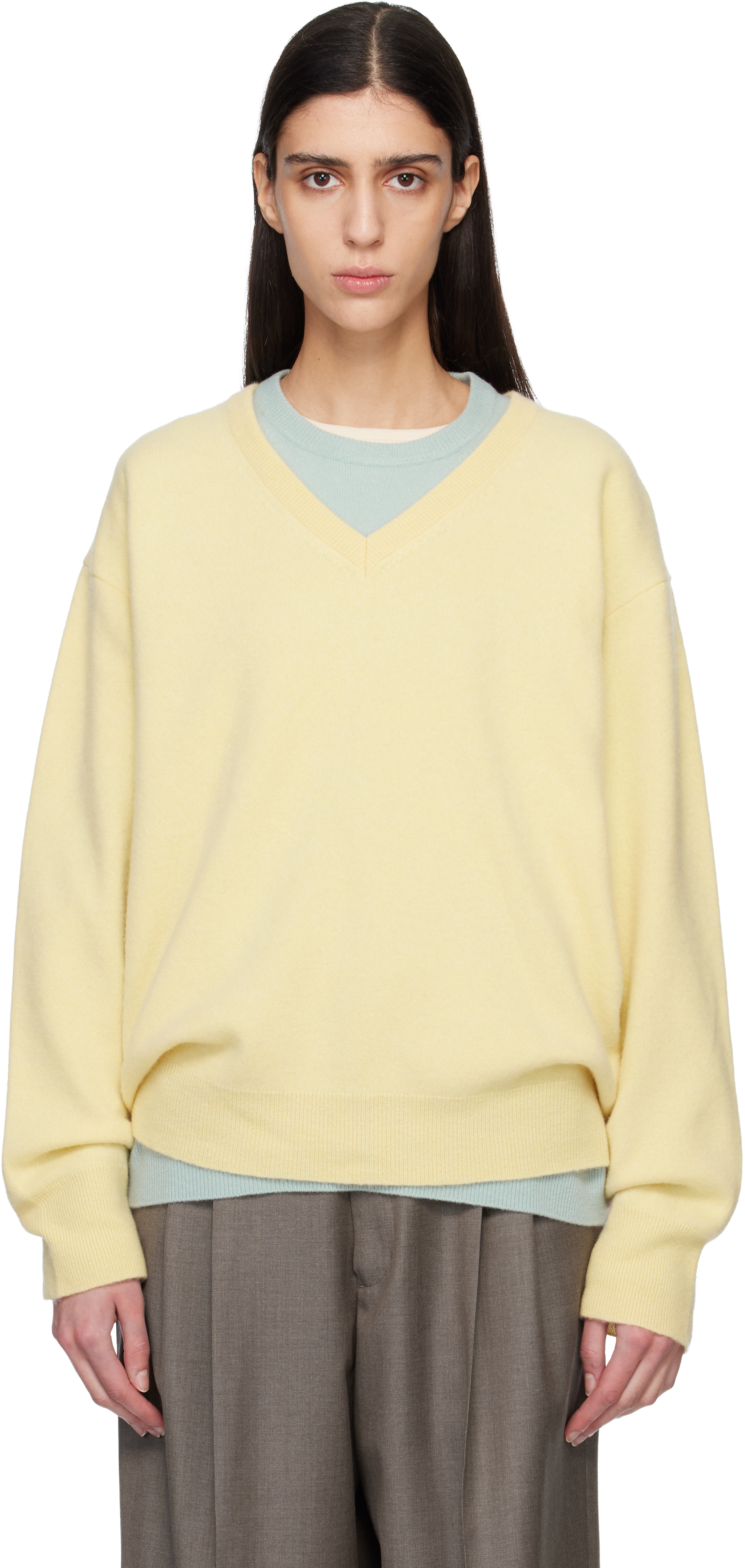ssstein Yellow Pure Cashmere Knit V Neck LS Sweater