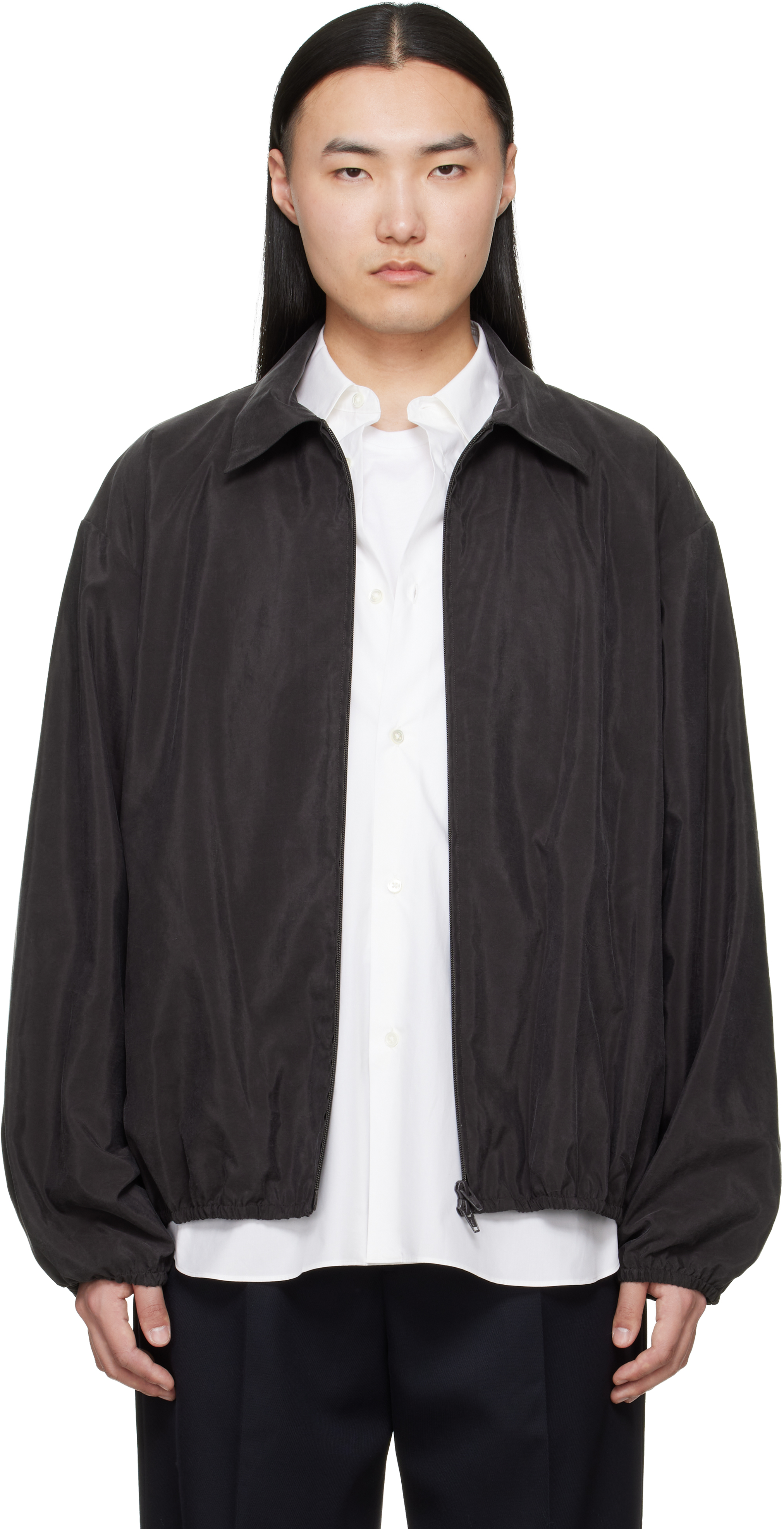 Brown Silk Nylon Collared Zip Jacket by ssstein on Sale