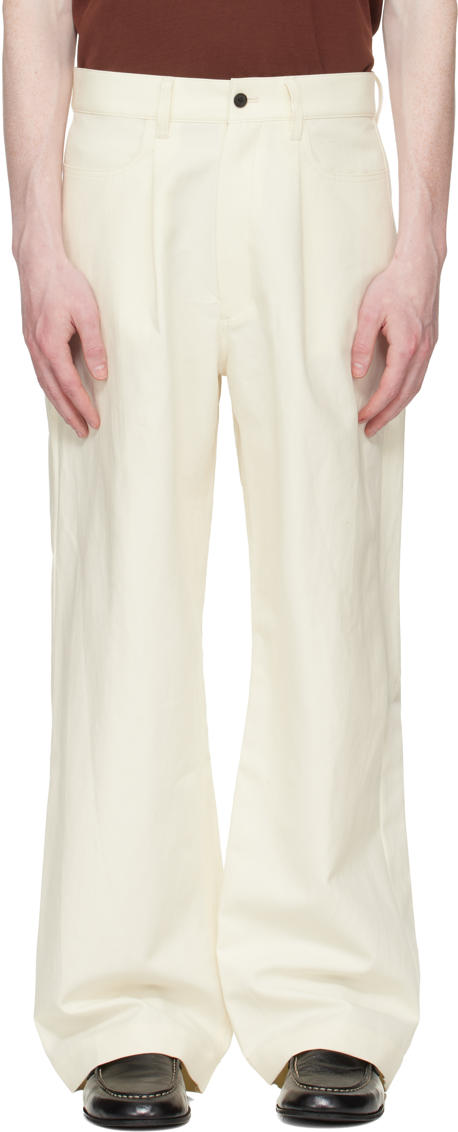 ssstein: Off-White Double Weave Cotton One Tuck Wide Trousers | SSENSE ssstein: Off-White Double Weave Cotton One Tuck Wide Trousers | SSENSE