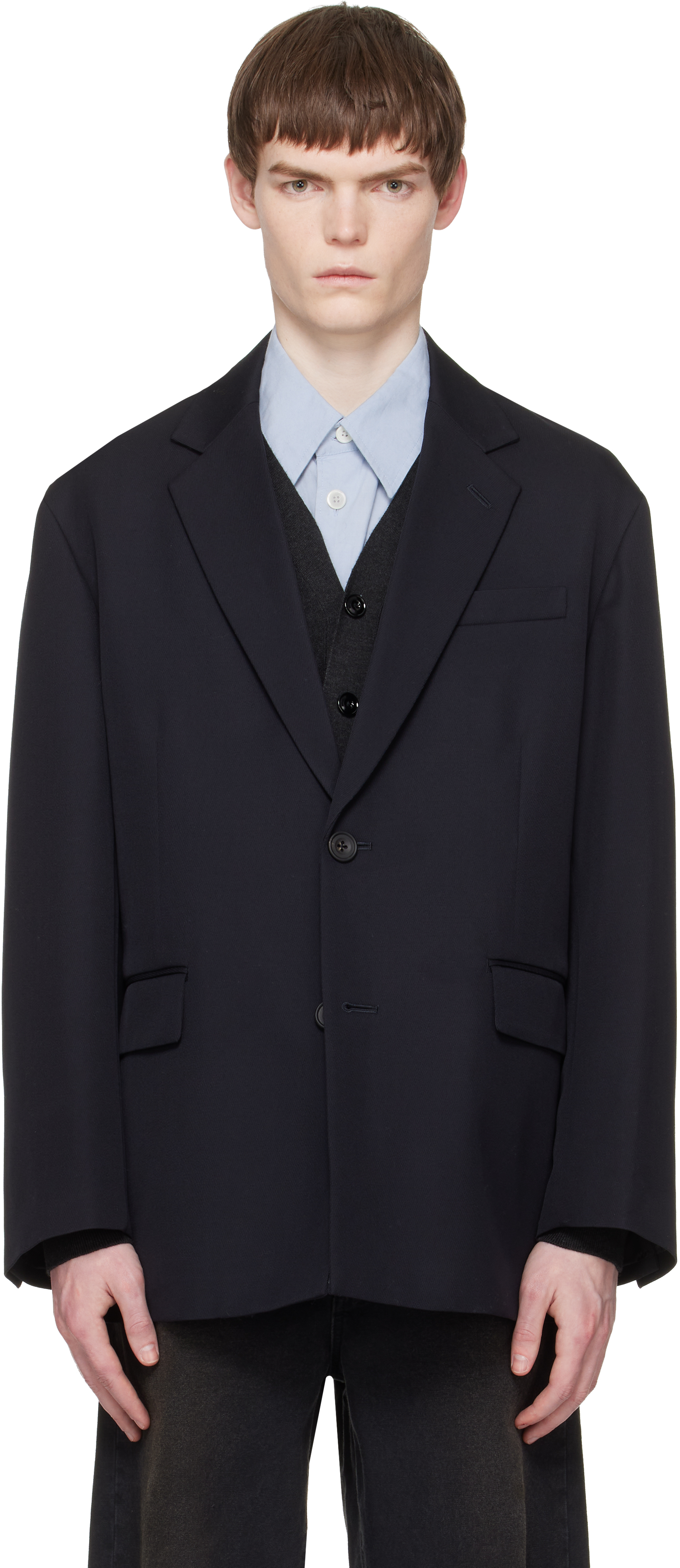 stein Navy Wool Kersey Oversized Single Breasted Blazer