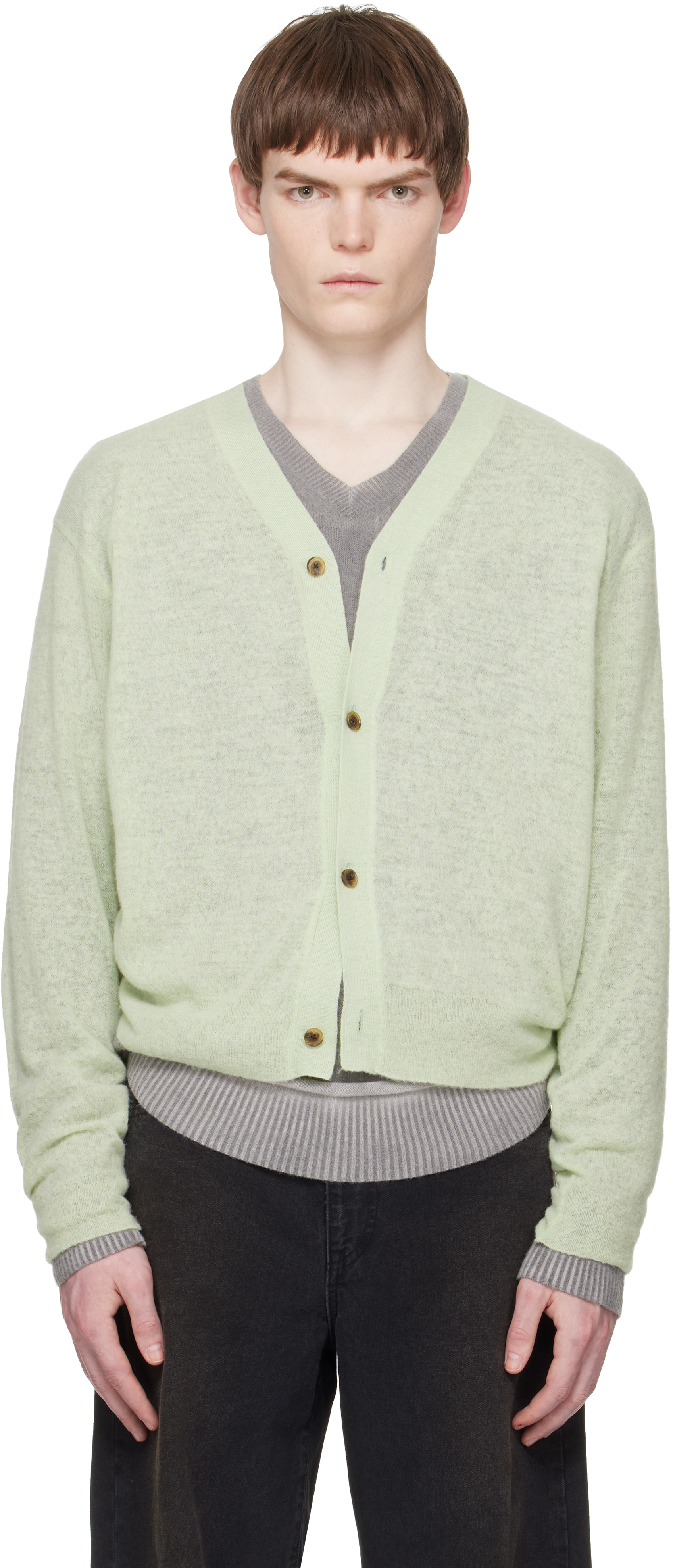 Green Knit V Neck Cardigan by ssstein on Sale