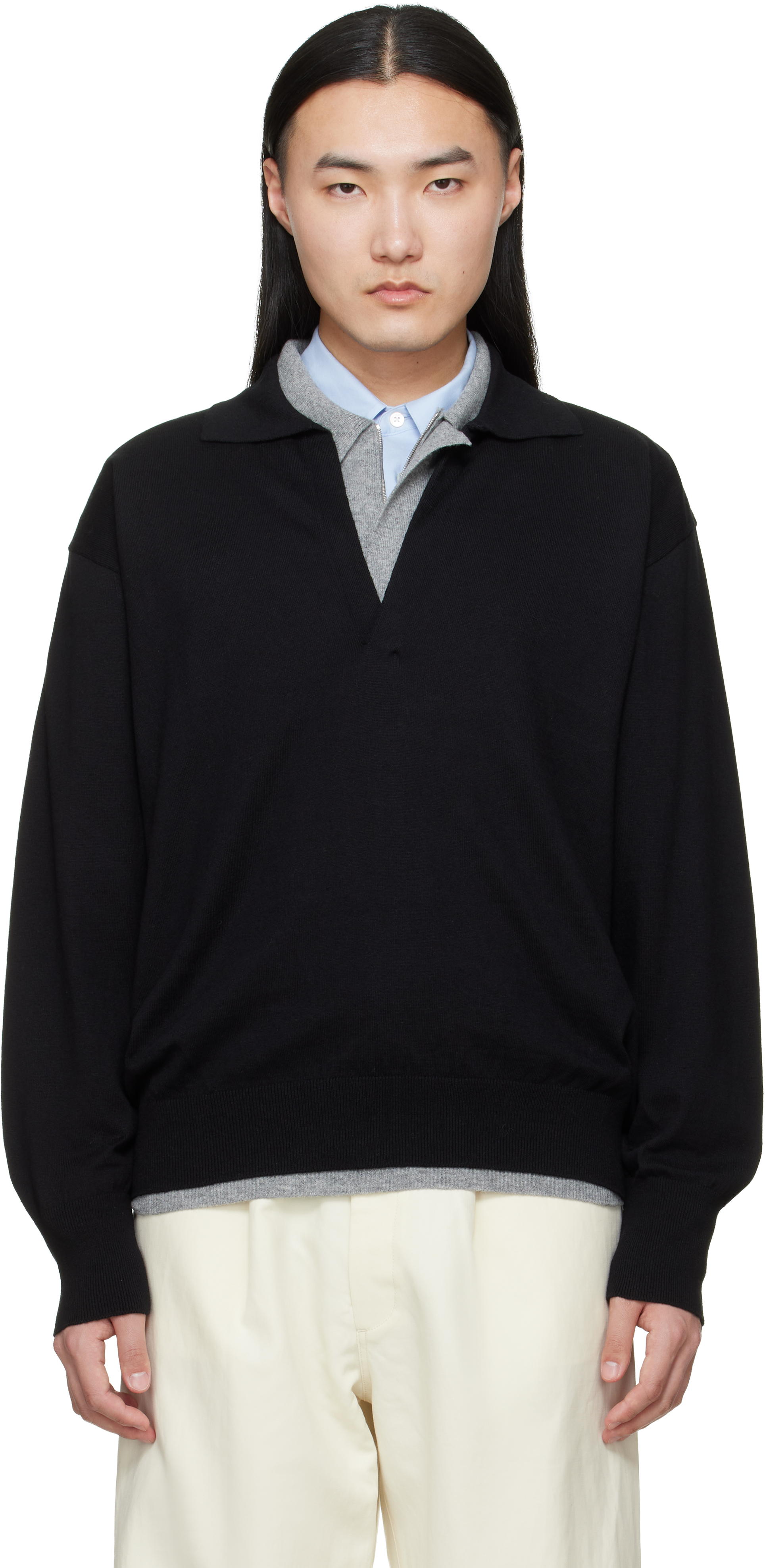 ssstein: Black Organic Cotton Knit Skipper LS Polo | SSENSE