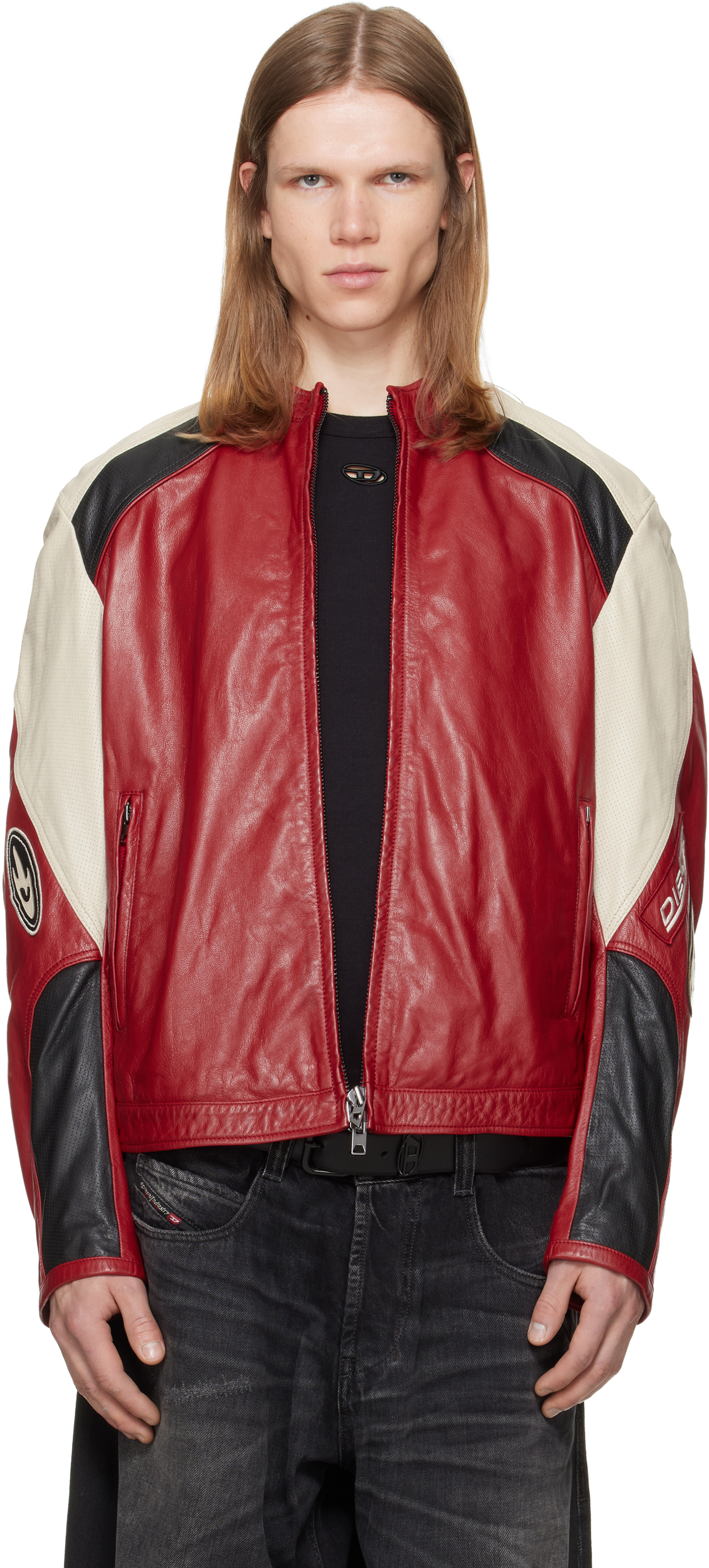 DIESEL　ブロックカラーレザージャケット　S Diesel: レッド カラーブロック パーフォレーション レザー バイカー