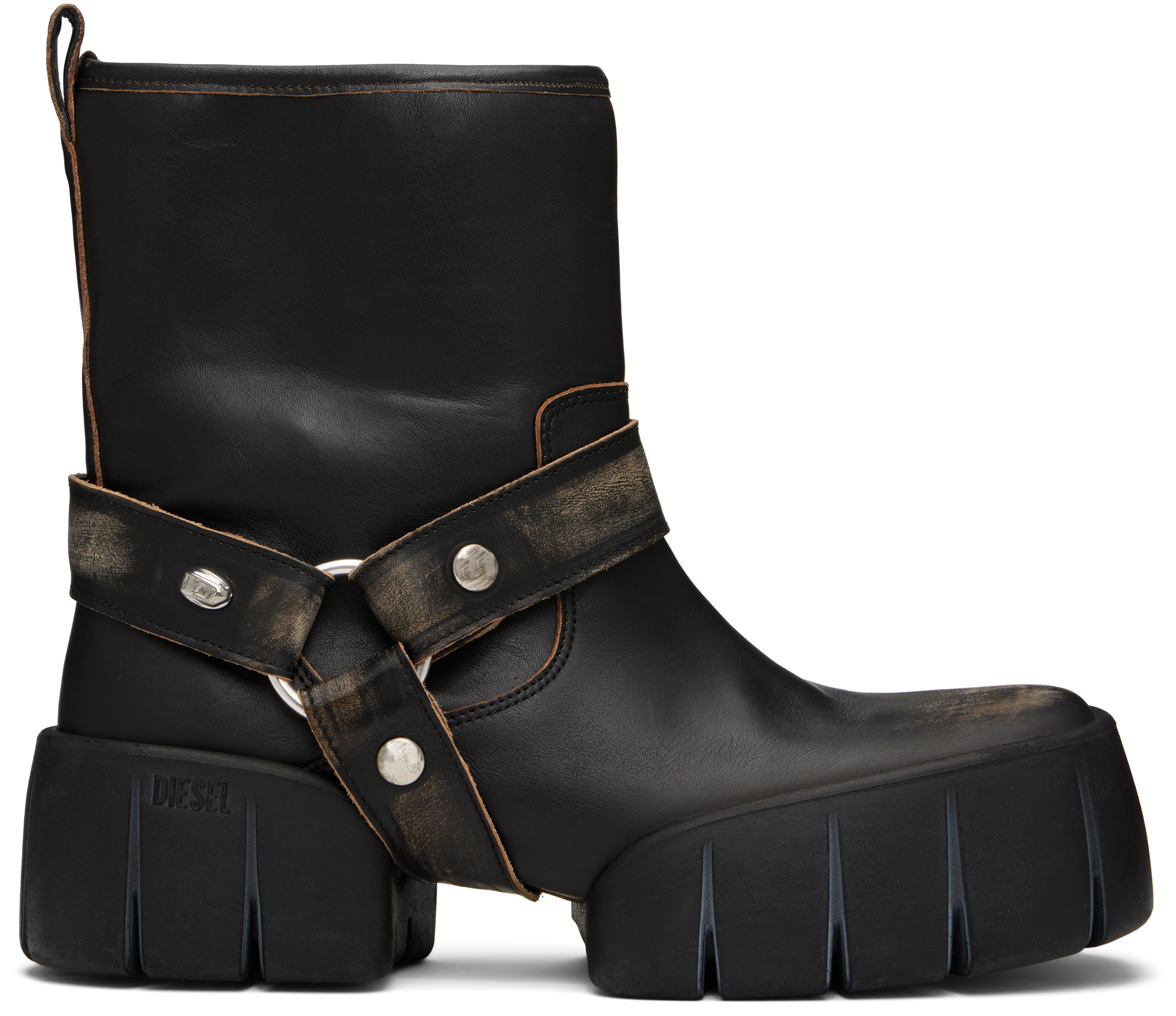 Diesel: ブラック D-Tex ディストレスレザー バイカーブーツ | SSENSE 日本