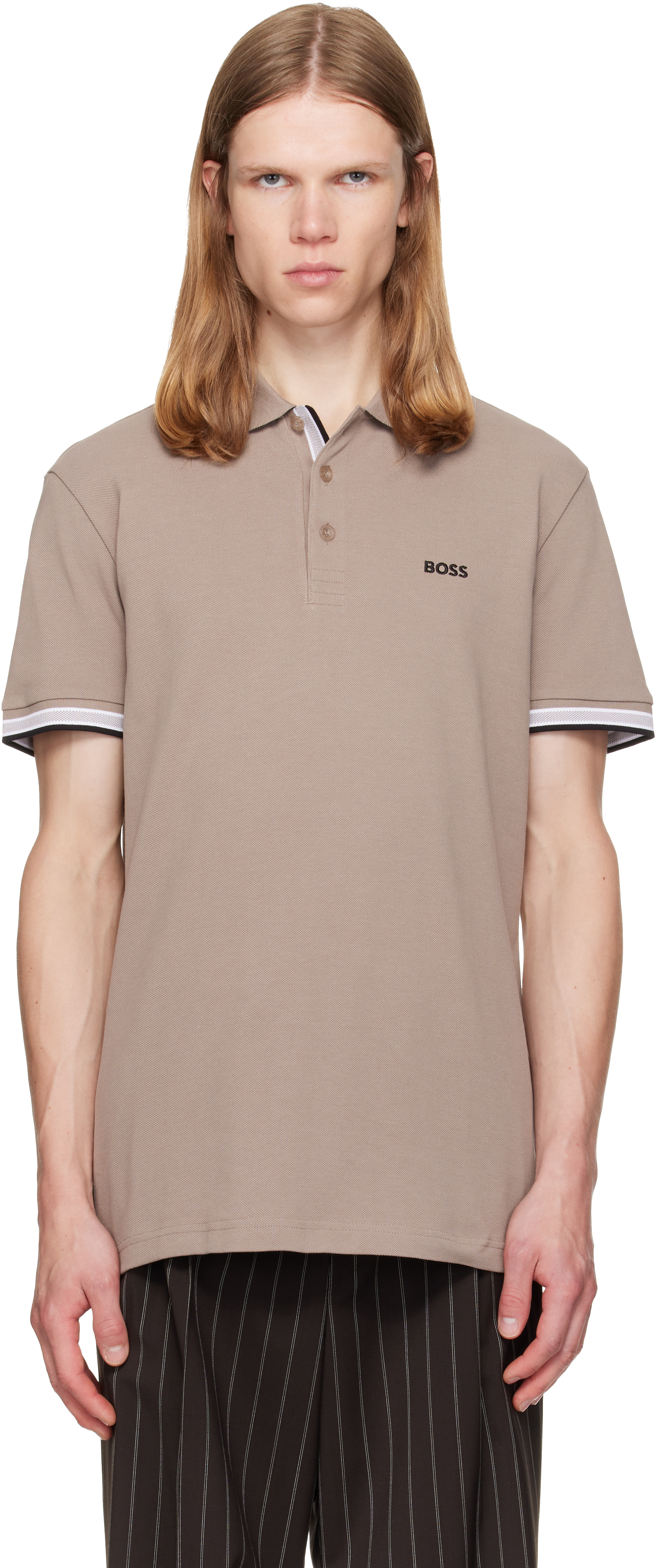 BOSS: Taupe Contrast-Tipped Cotton Piqué Polo | SSENSE