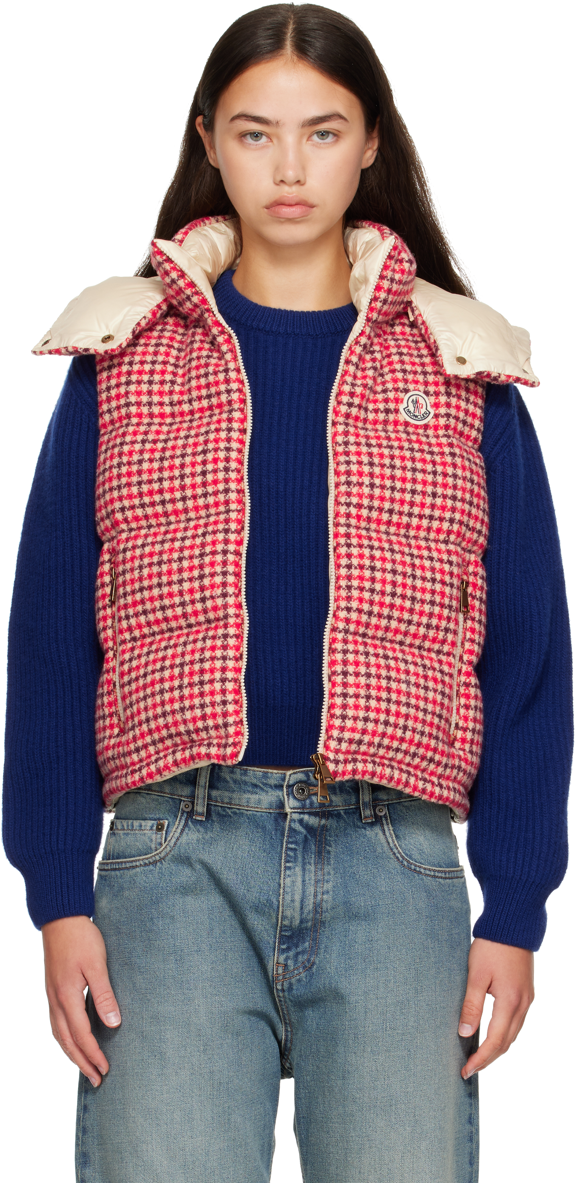 Moncler: Red Niverolle Houndstooth Wool Blend Down Vest | SSENSE