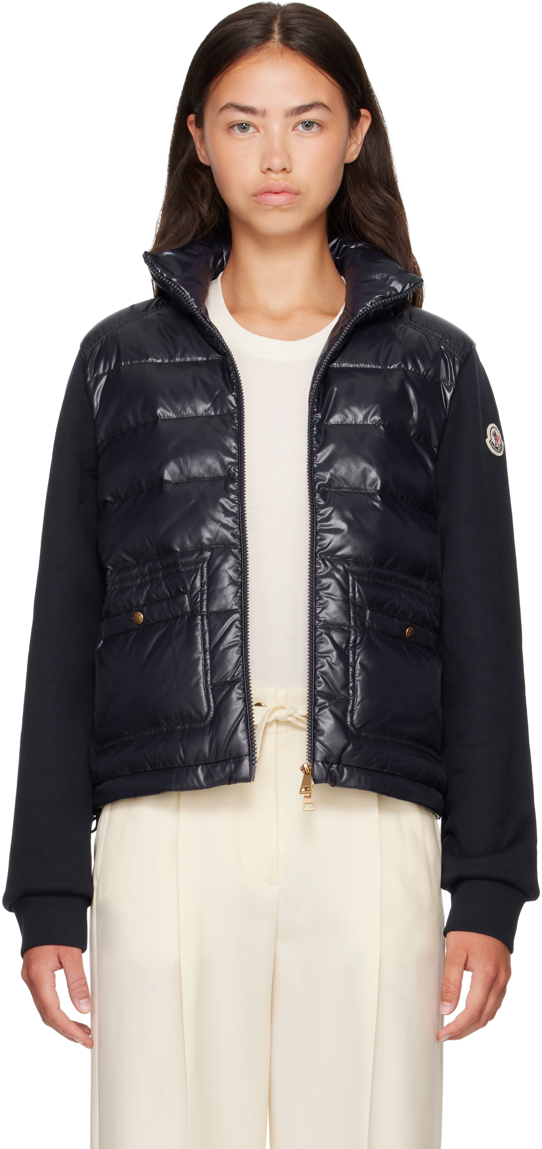Moncler: Navy Zip Up Cotton Fleece Down Cardigan | SSENSE