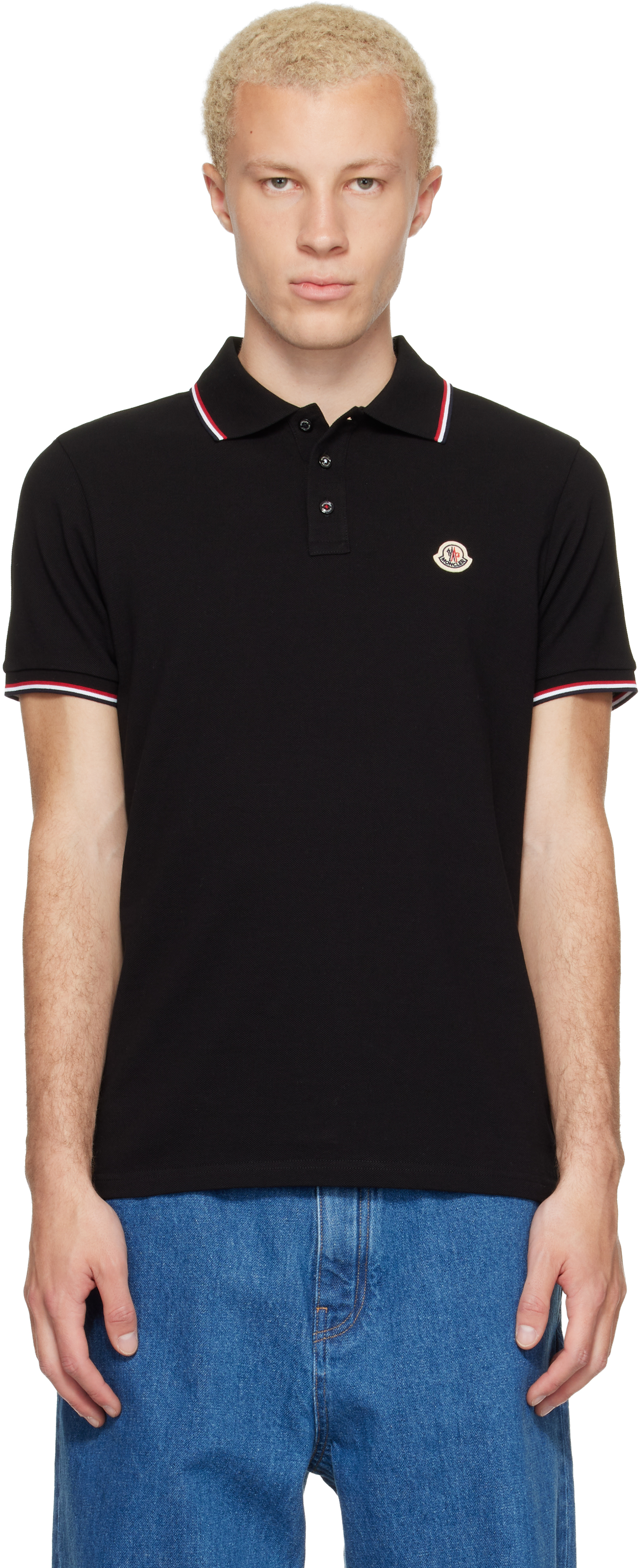Moncler: Black Tricolor-Trimmed Cotton Piquet Polo | SSENSE