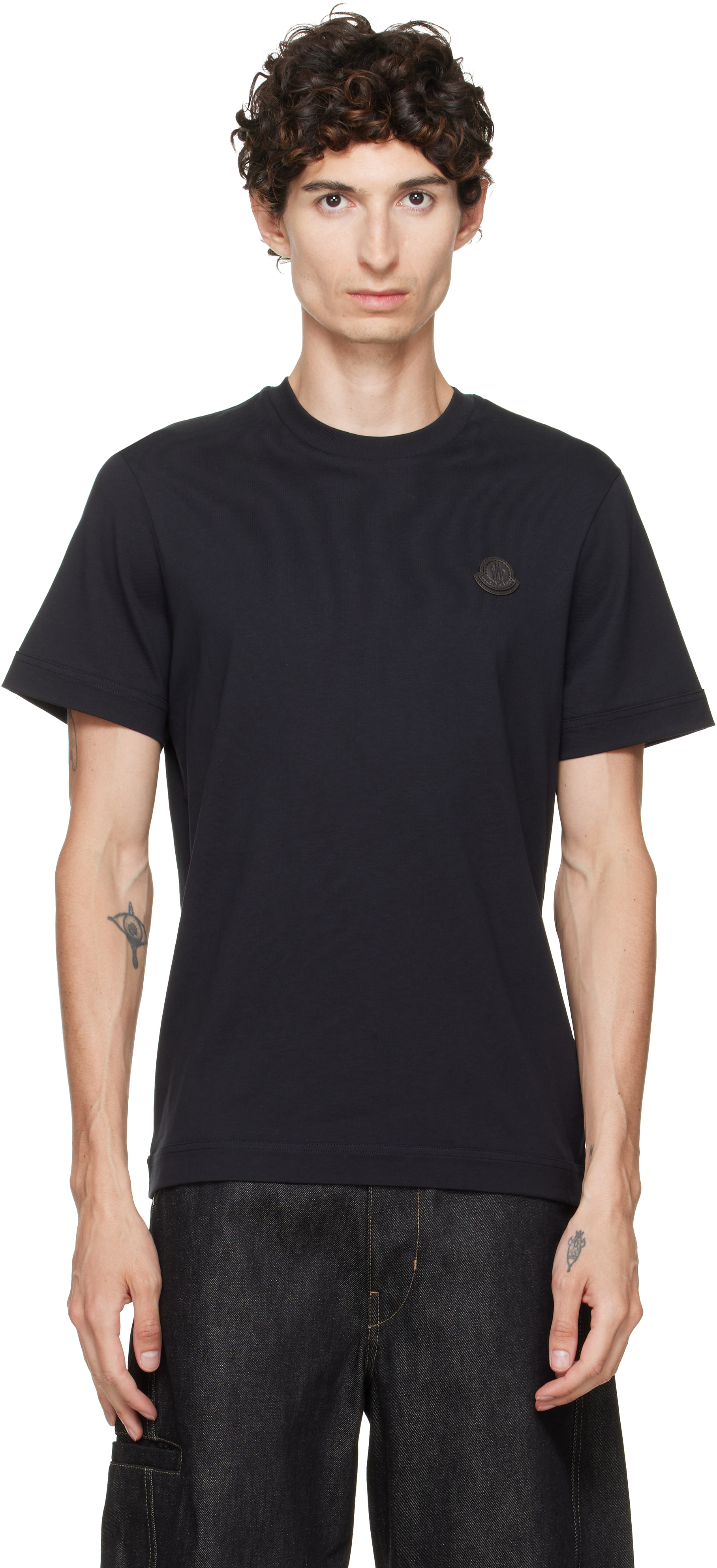 Moncler: ネイビー Double レザー ロゴ Tシャツ | SSENSE 日本