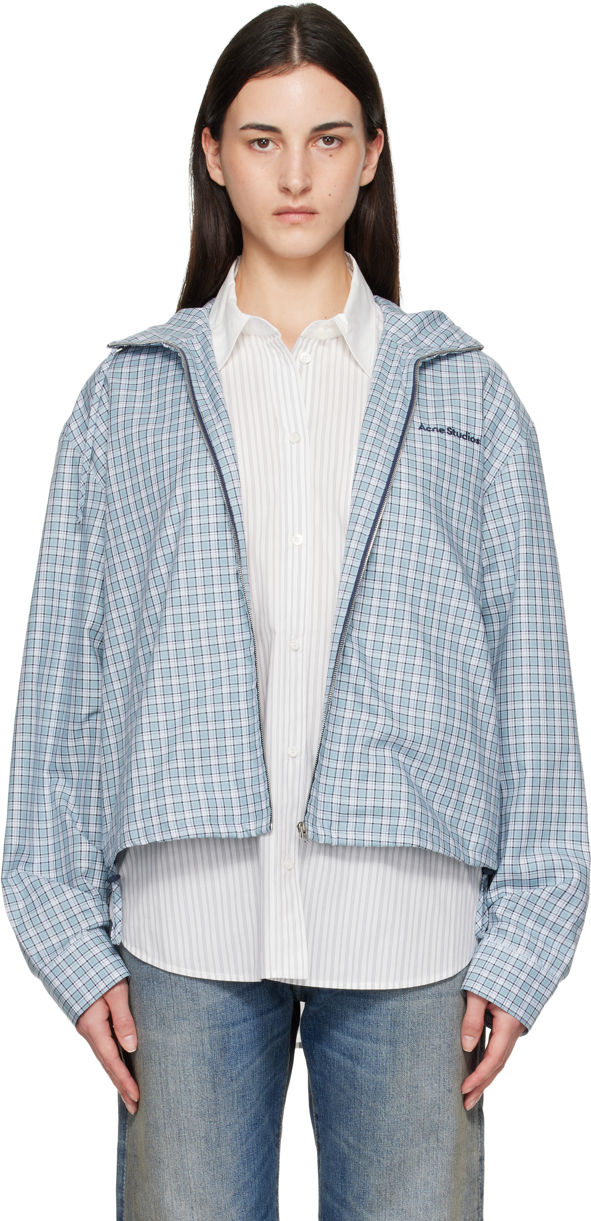 Acne Studios: Blue Hooded Check Jacket | SSENSE Acne Studios: Blue Hooded Check Jacket | SSENSE