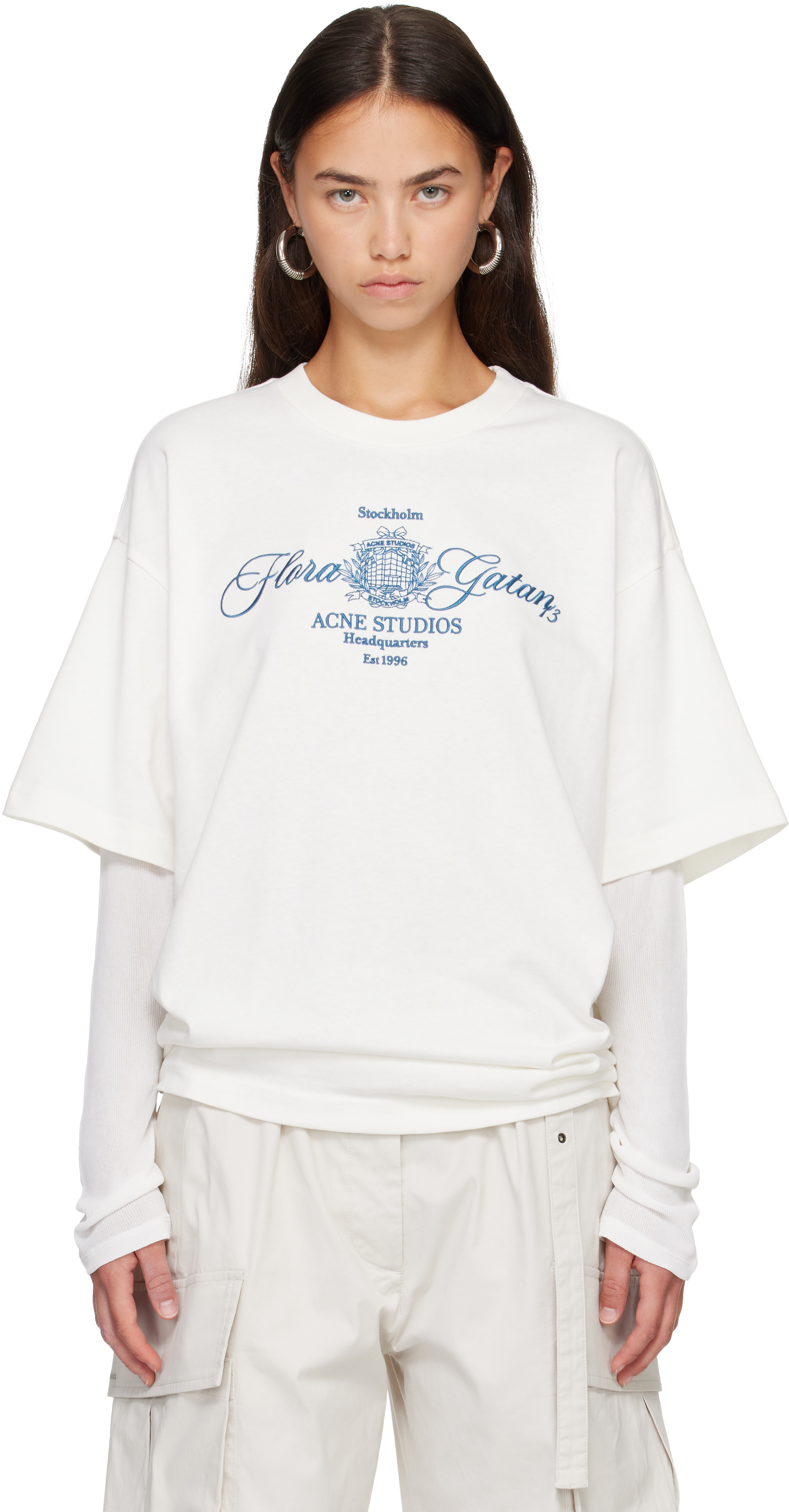 Acne Studios: Off-White Embroidered Long Sleeve T-shirt | SSENSE