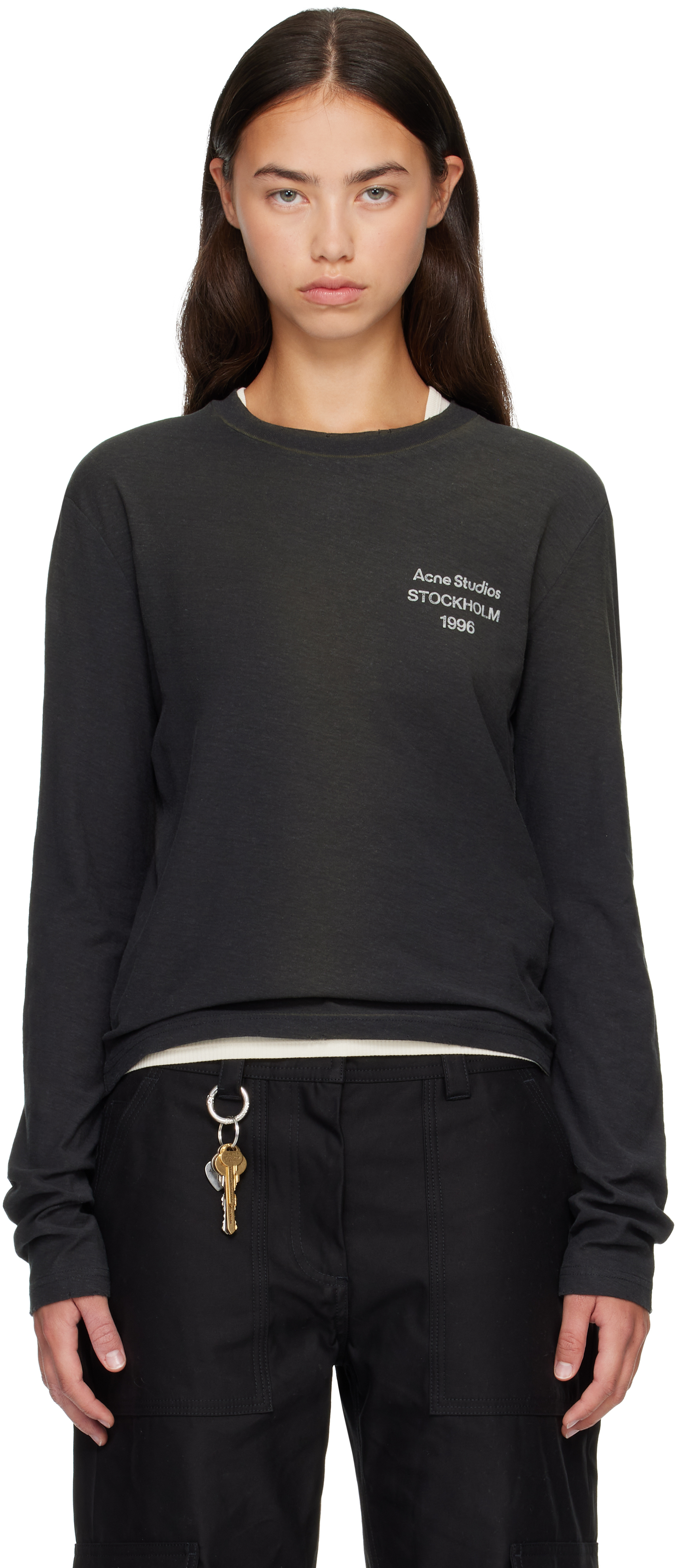 Acne Studios: Black Distressed Logo Long Sleeve T-shirt | SSENSE