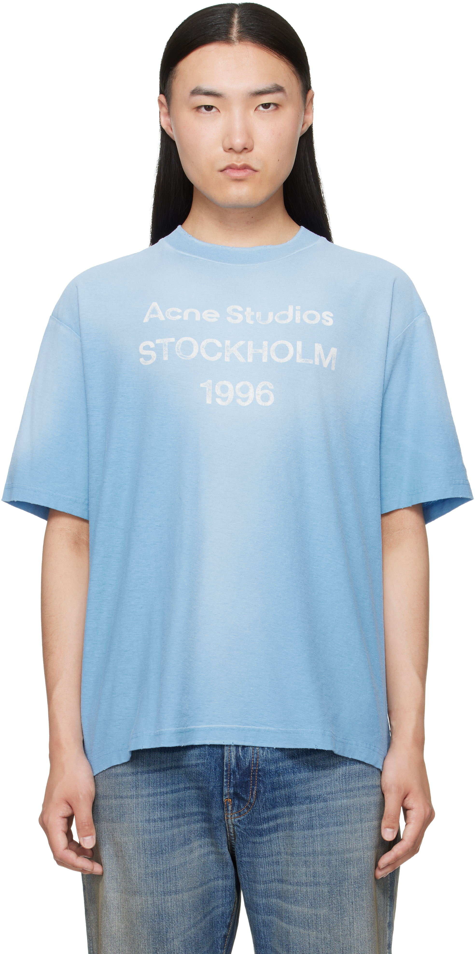 Acne Studios: ブルー Sprayed ロゴ Tシャツ | SSENSE 日本
