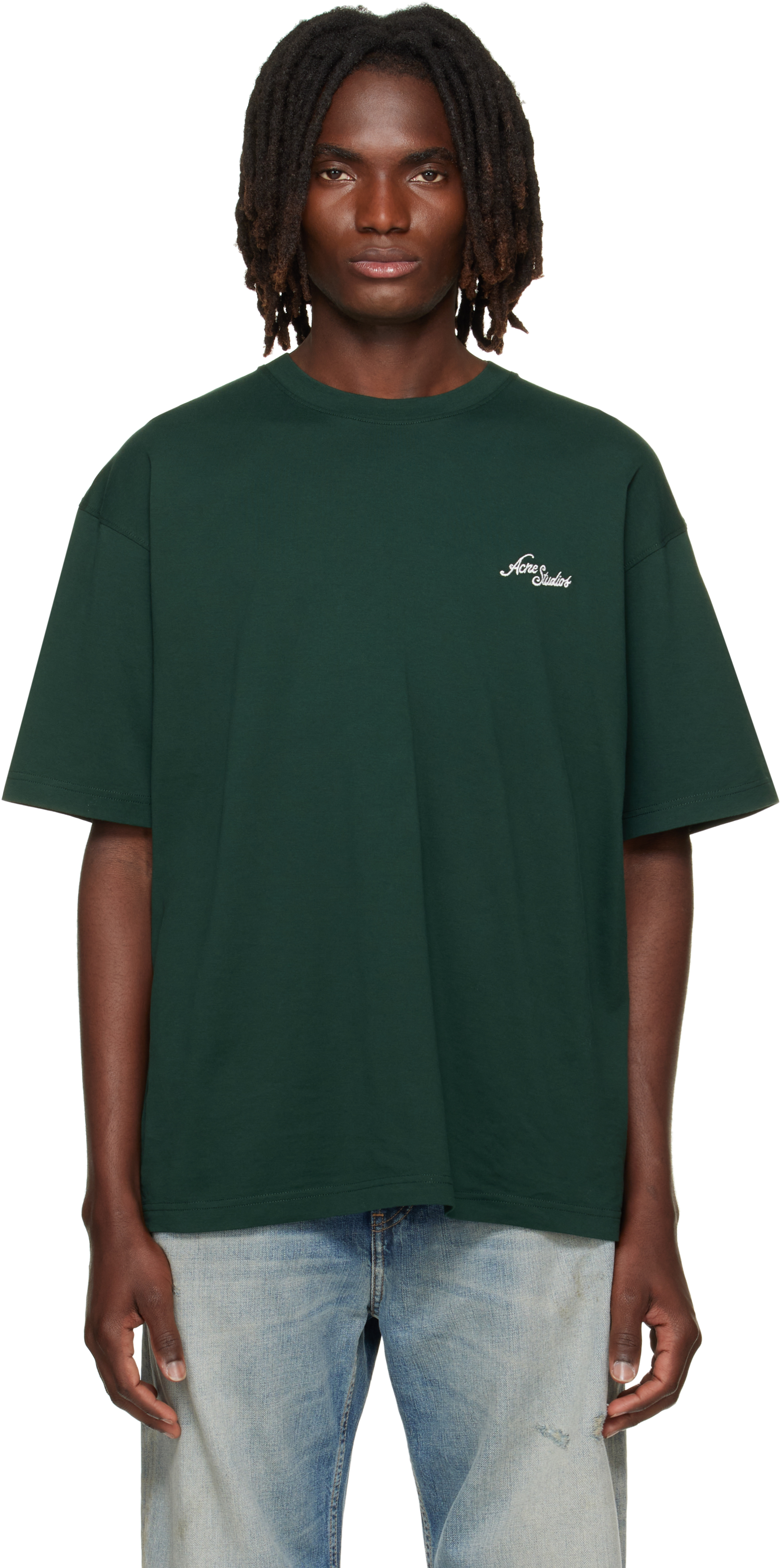 Acne Studios: Green Embroidered-Logo T-shirt | SSENSE