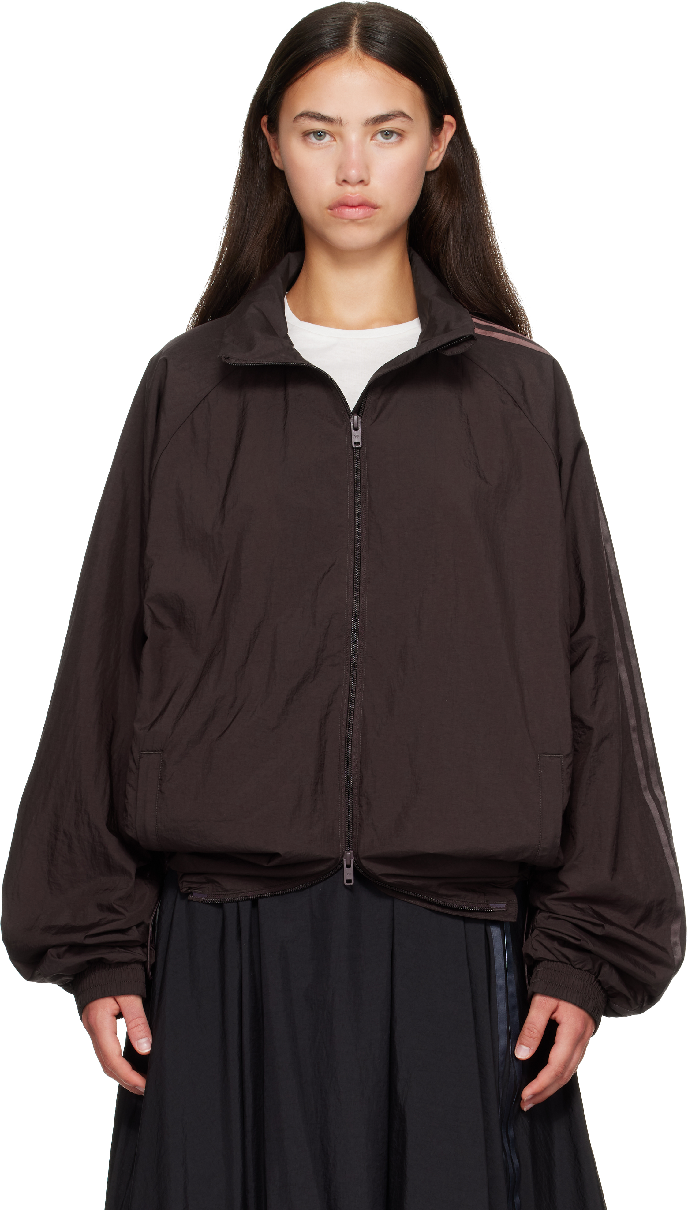 Y-3: Burgundy Gradient 3-Stripes Nylon Track Jacket | SSENSE
