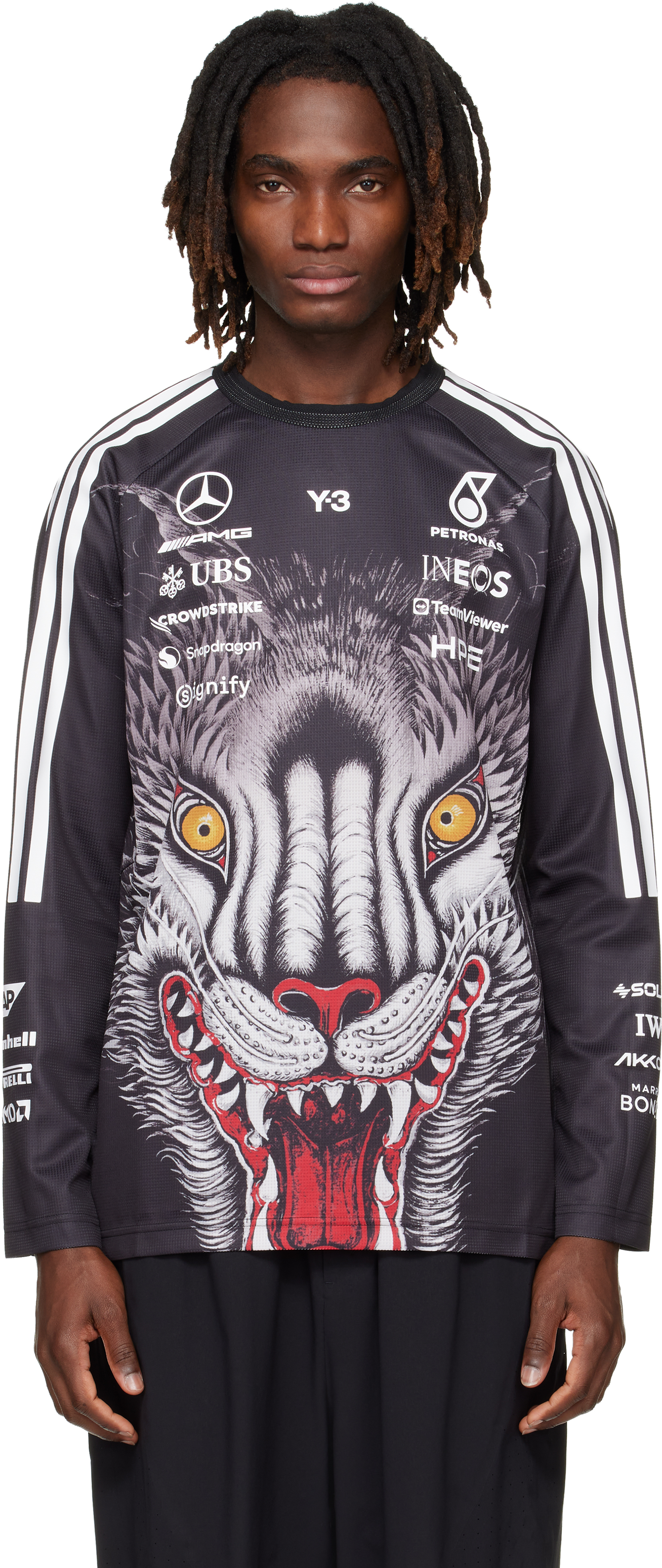 Y-3: Black Mercedes-AMG F1 Edition Driver Jersey T-shirt | SSENSE