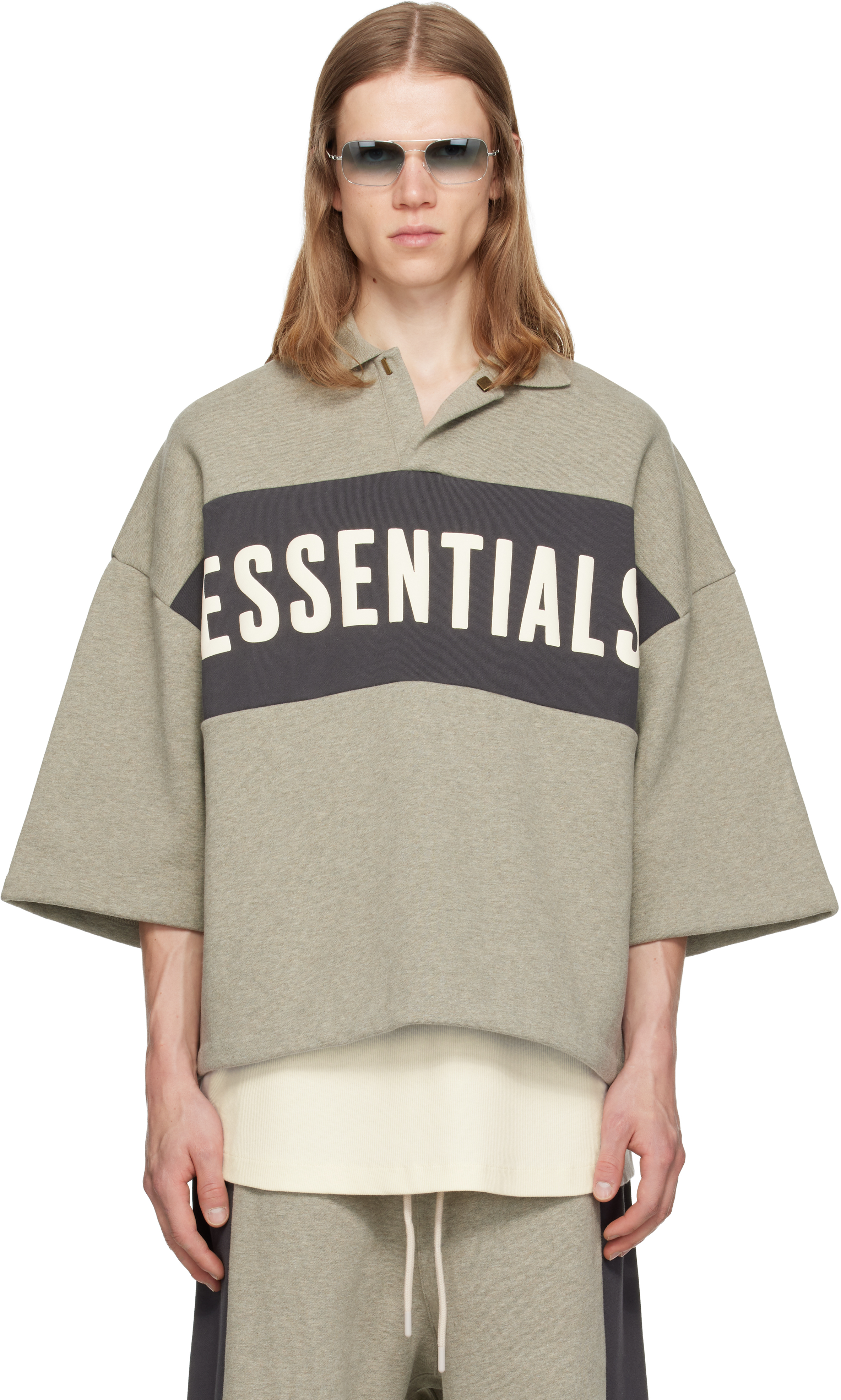 ESSENTIALS FEAR OF GOD ポロシャツ グレー Fear of God ESSENTIALS: グレー Panelled Crop ポロシャツ | SSENSE 日本