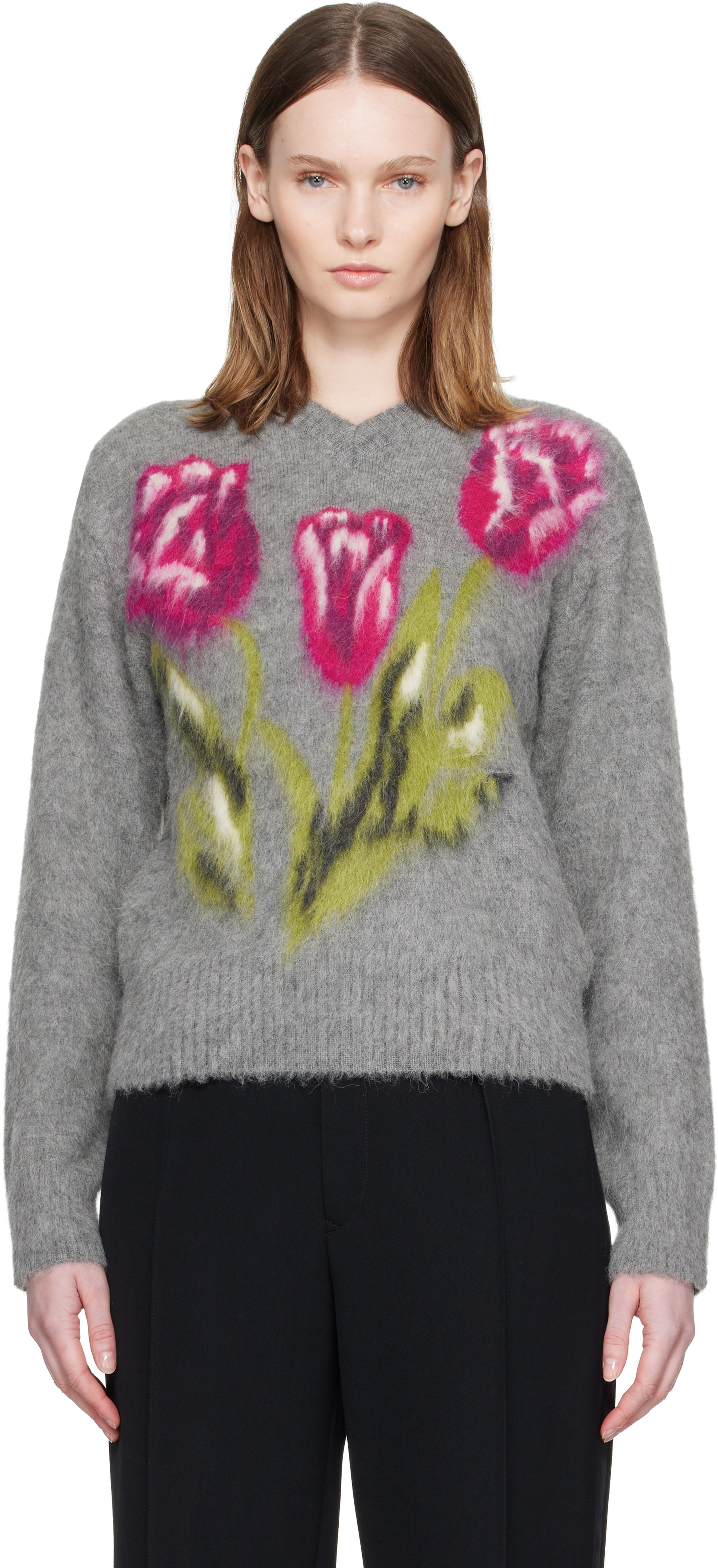 Maison Margiela ⑩ Alpaca Knit Sweater Maison Margiela: Gray Brushed Alpaca V-Neck Sweater | SSENSE
