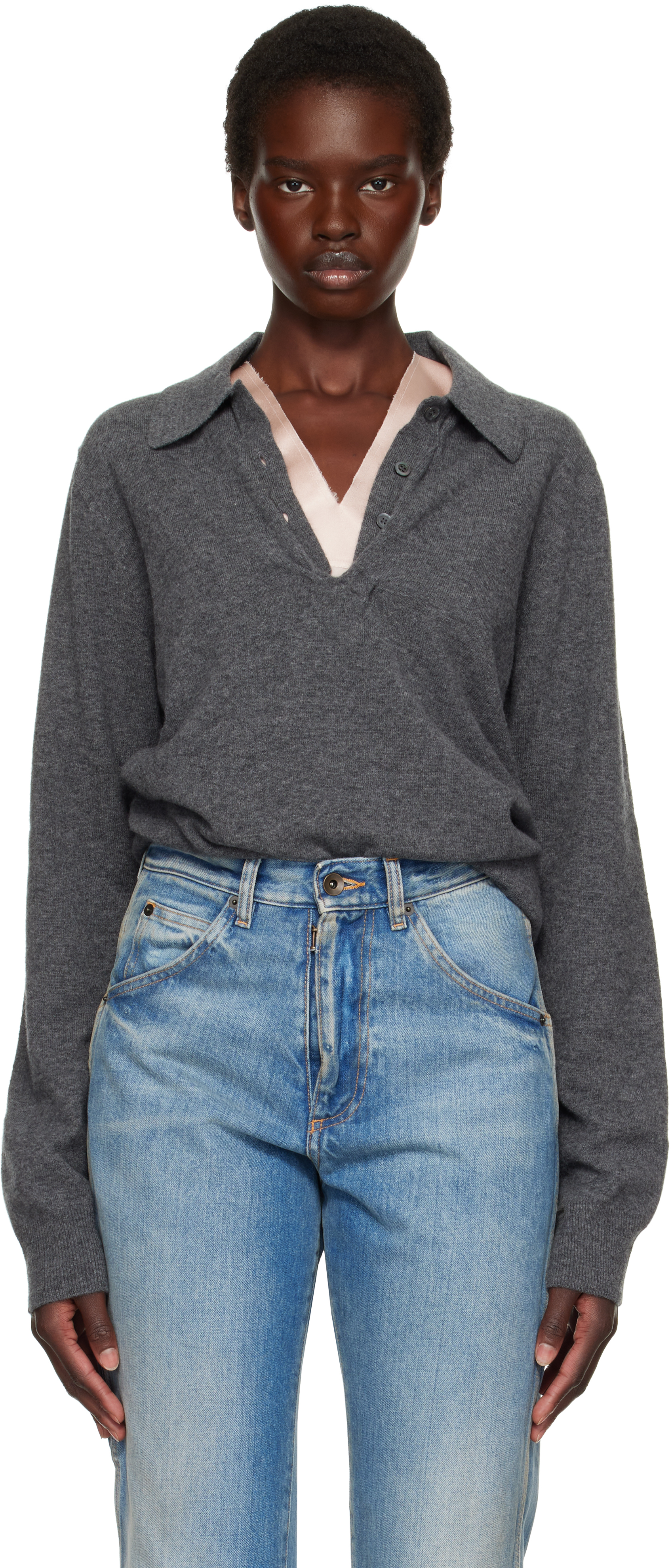 Maison Margiela: グレー Draped Collar ウール ニットポロシャツ