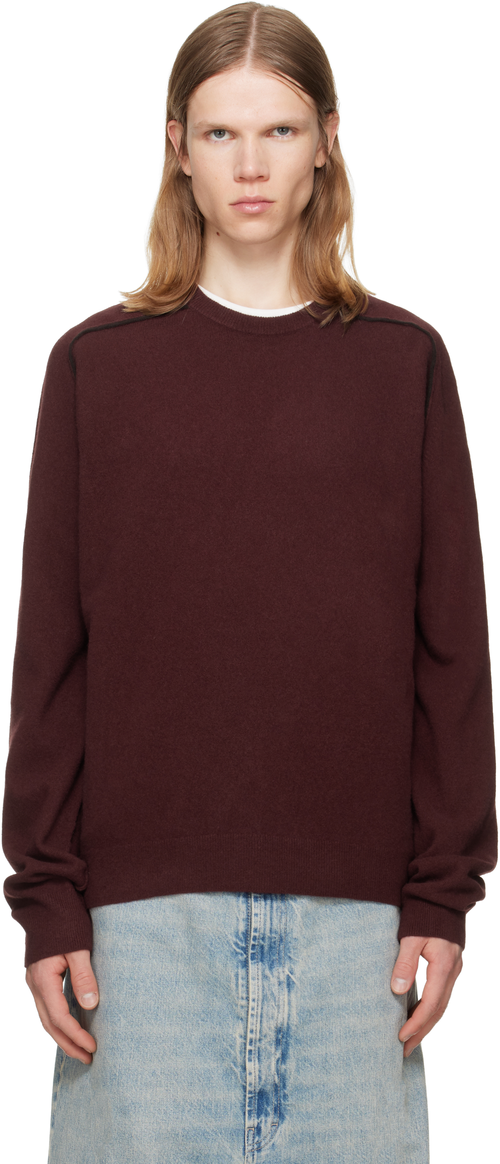 Maison Margiela: バーガンディ バージンウール クルーネックセーター