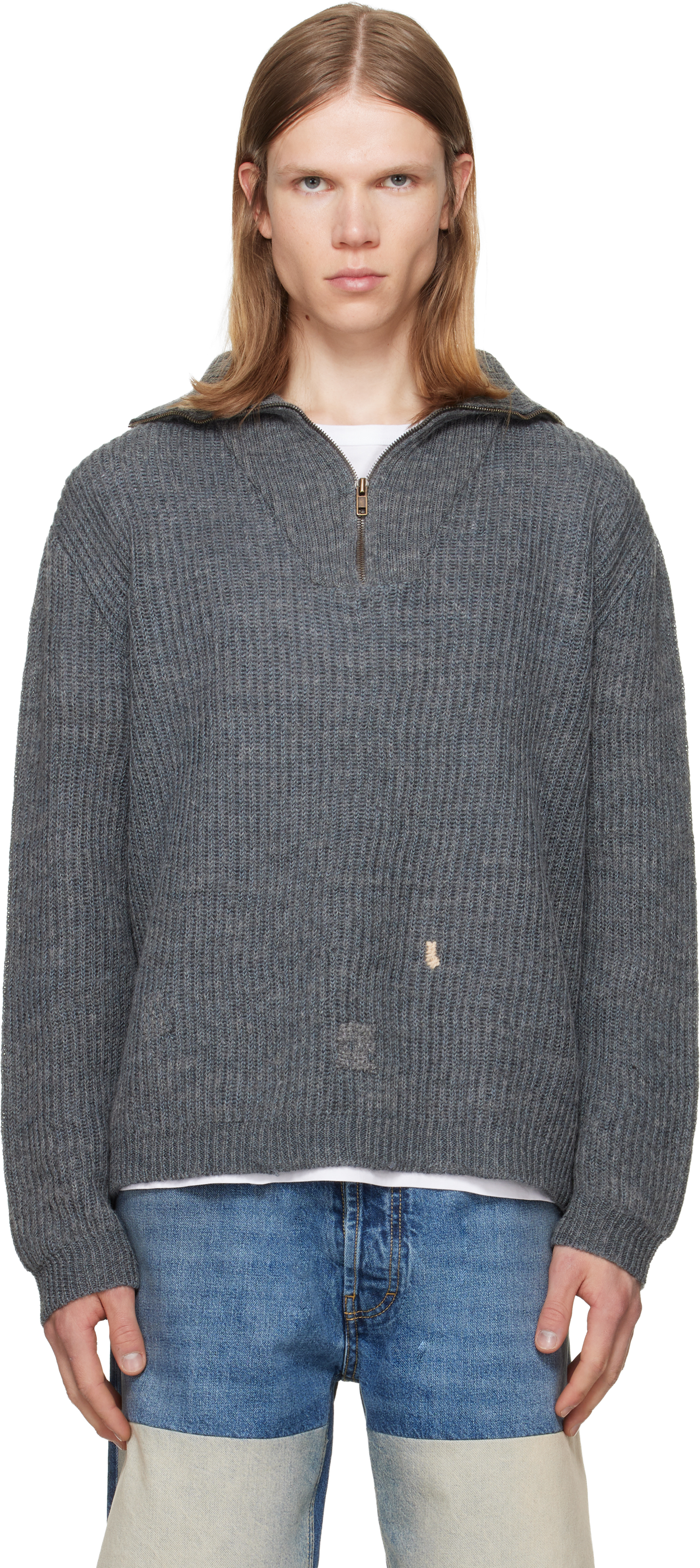 Maison Margiela: Gray Mended Ribbed Sweater | SSENSE