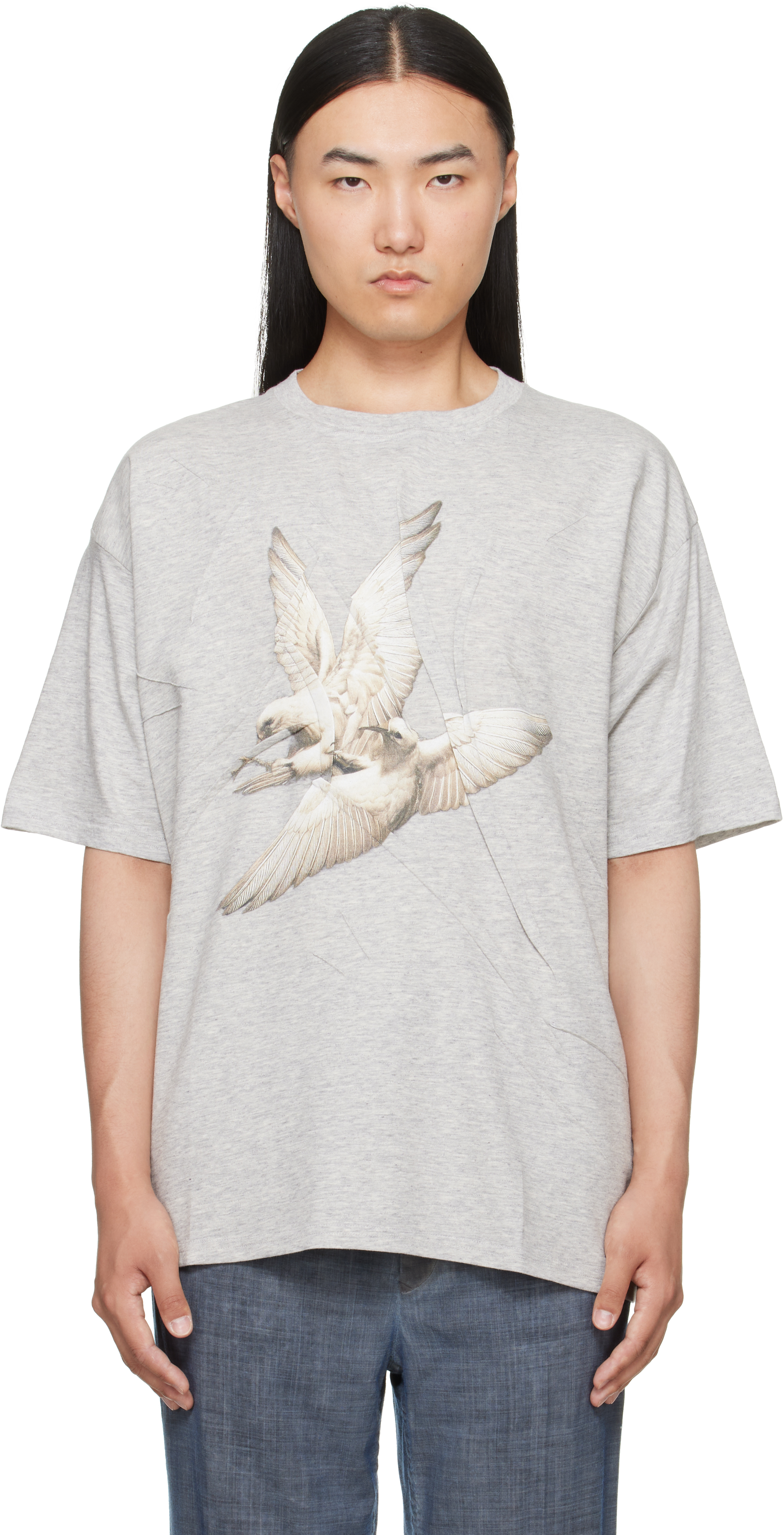 Maison Margiela: グレー Creased Bird Tシャツ | SSENSE 日本