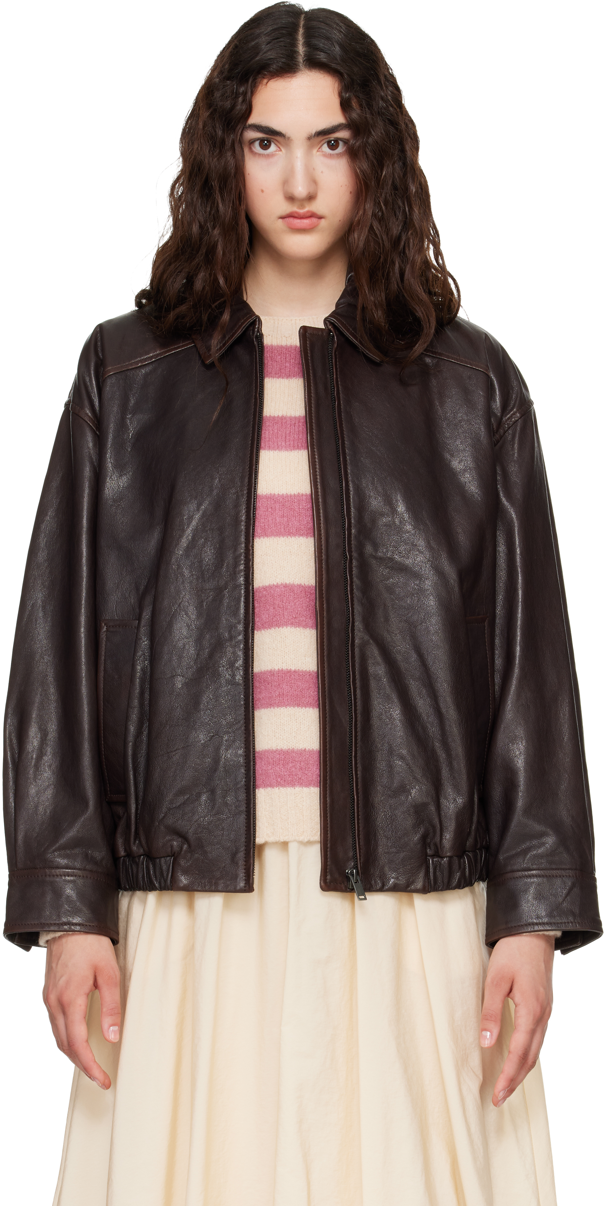 Weekend Max Mara: ブラウン Cose レザー ボンバージャケット | SSENSE