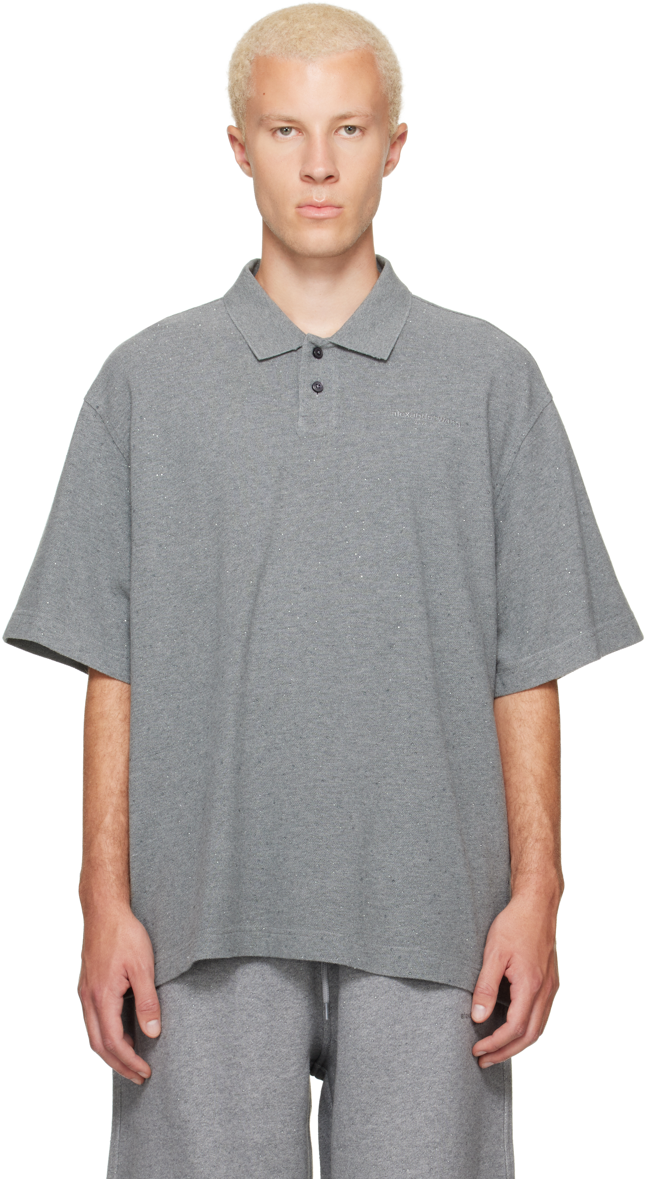 alexander wang グレー ブラトップ Alexander Wang: Gray Rhinestone Short Sleeve Polo | SSENSE