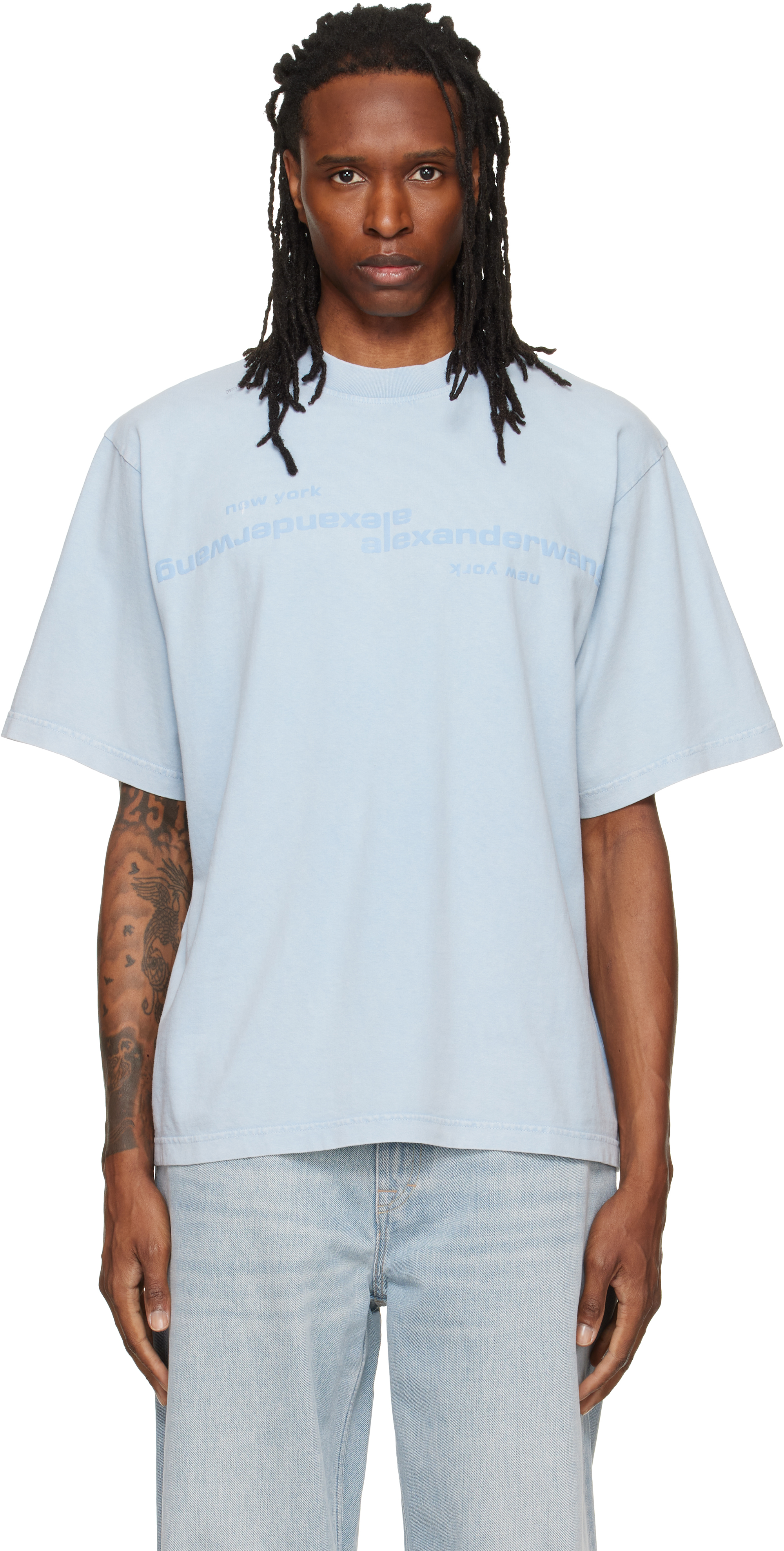 Alexander wangブルー 半袖Tシャツ ロゴ入り Alexander Wang: Blue Mirrored Logo Short Sleeve T-shirt | SSENSE