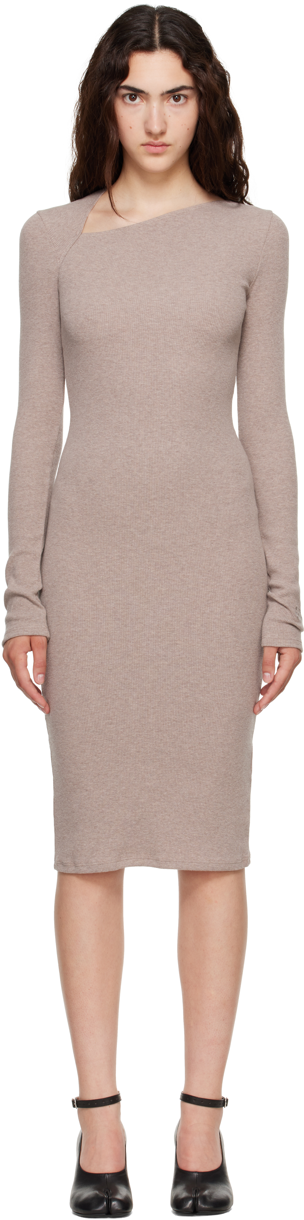 taupe ribbed dress Taupe Ribbed Mock Neck Short Sleeve Midi Dress