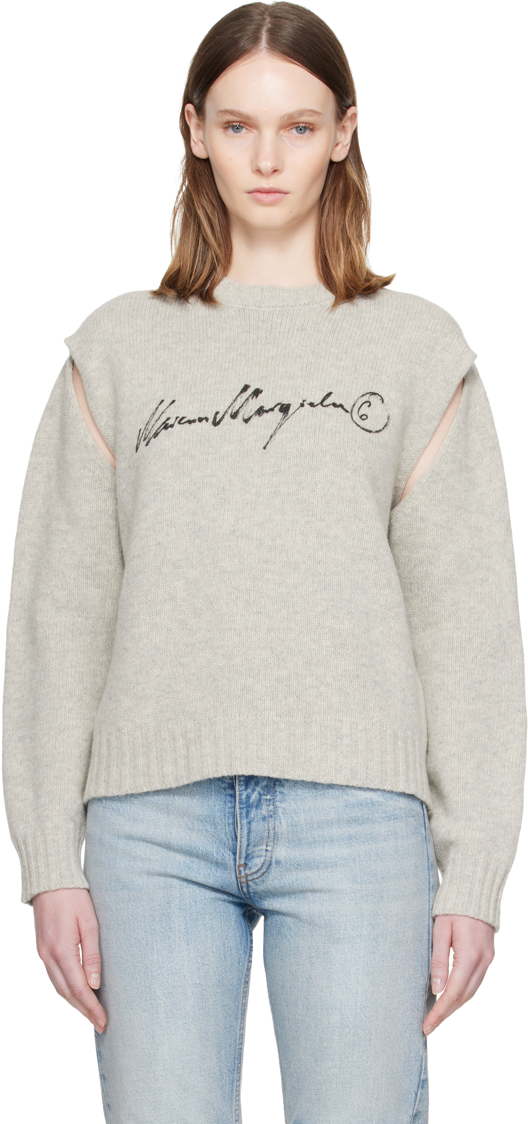 MM6 Maison Margiela: Gray Handwritten Knit Sweater | SSENSE