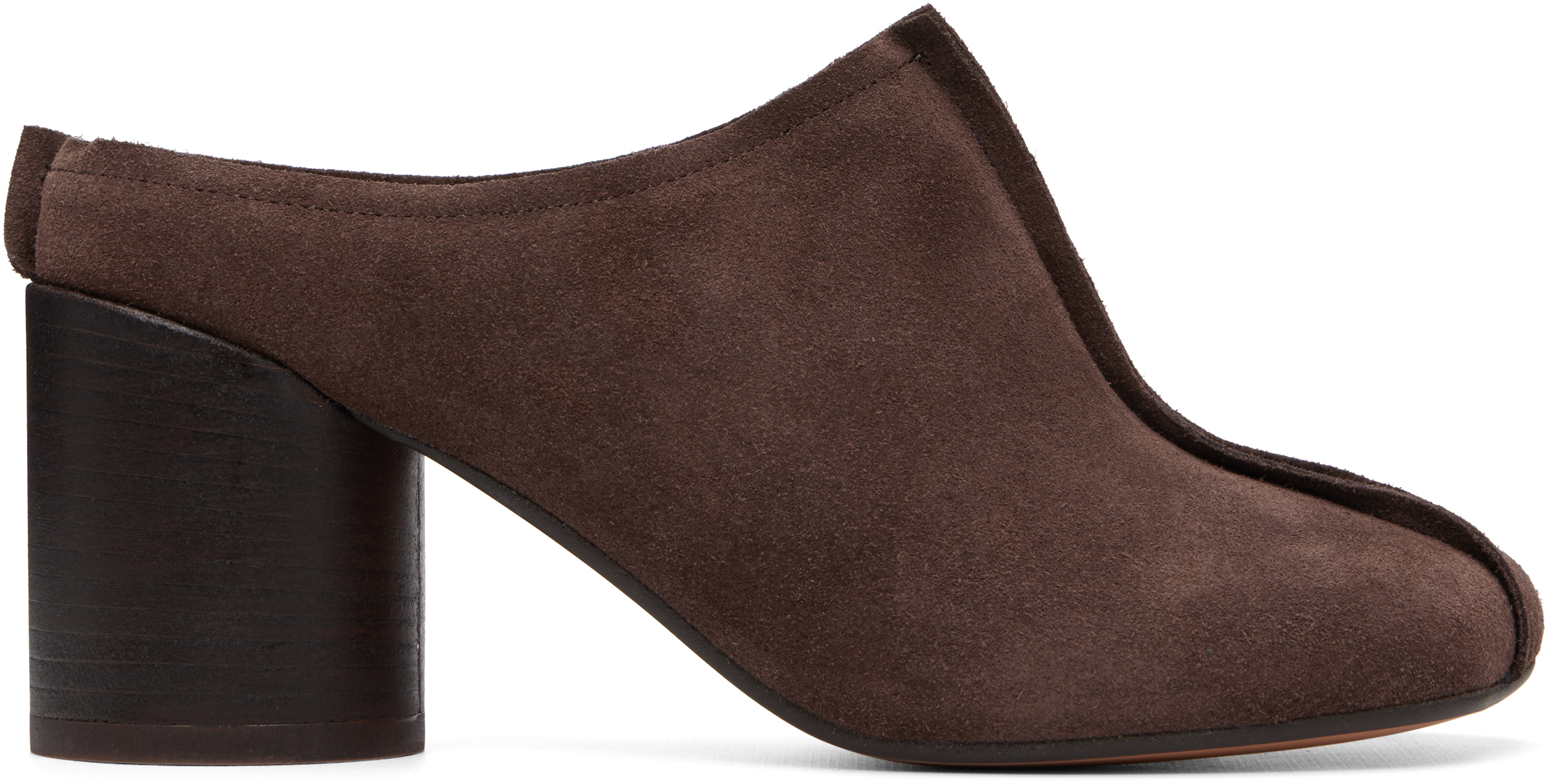 MM6 Maison Margiela: Brown Suede Anatomic Stitch Toe Mule Heels 