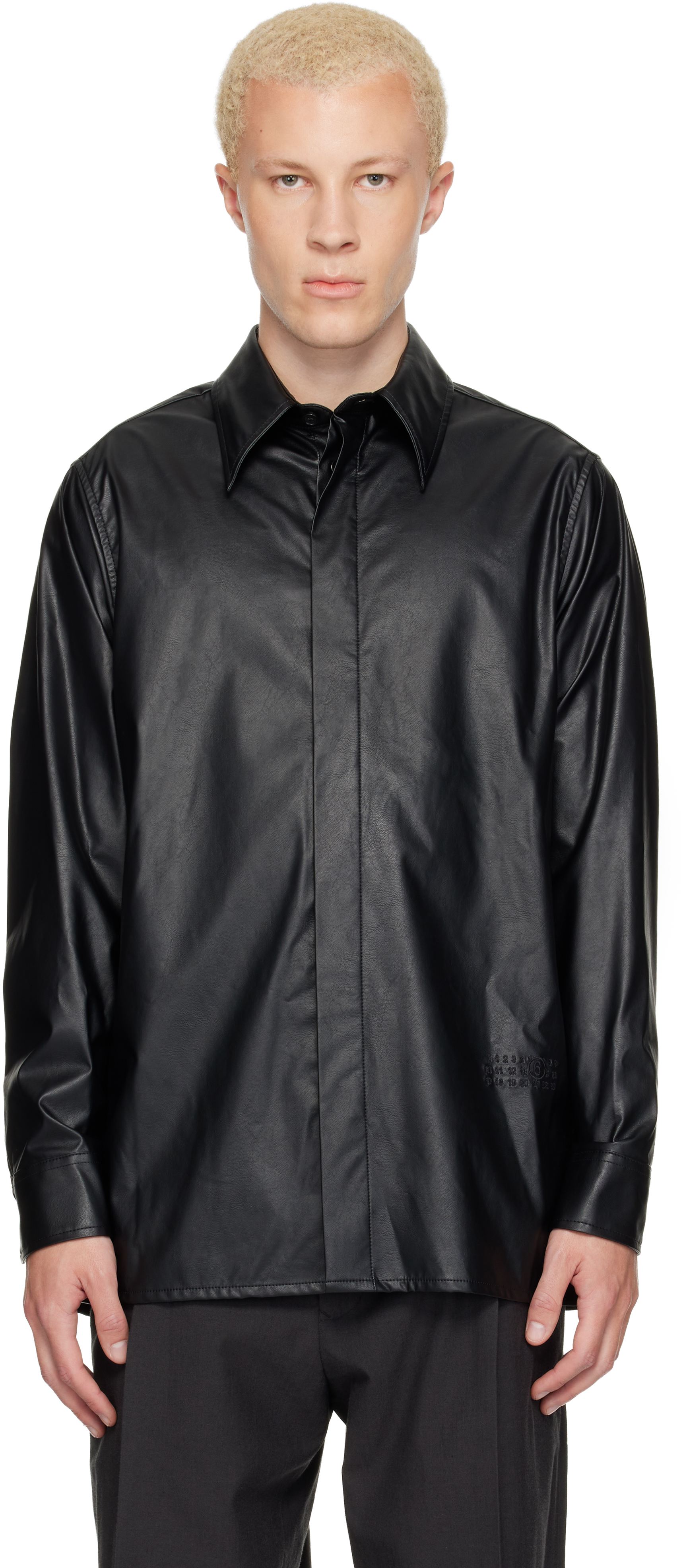 MM6 Maison Margiela: Black Long-Sleeved Faux-Leather Shirt | SSENSE