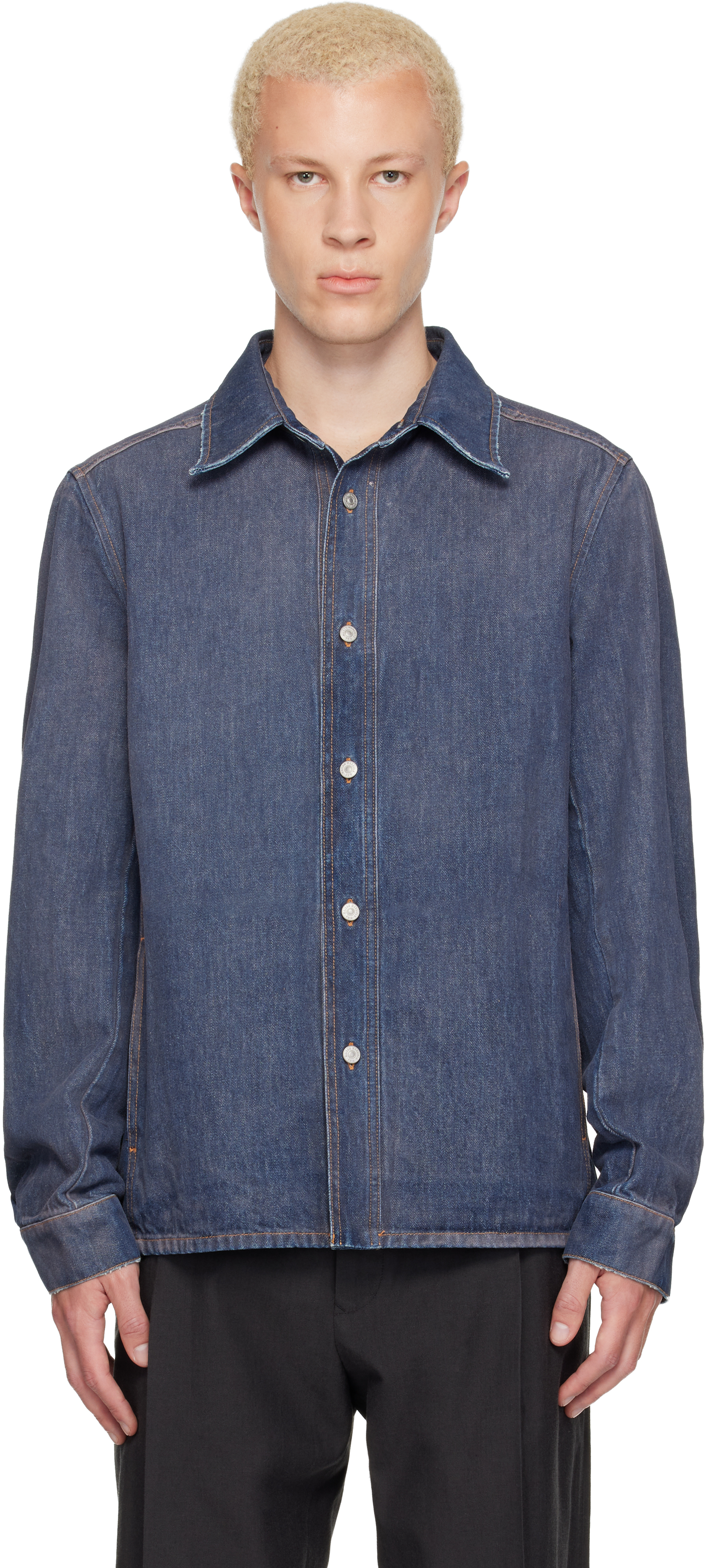 MM6 Maison Margiela: Blue Long-Sleeved Denim Shirt | SSENSE