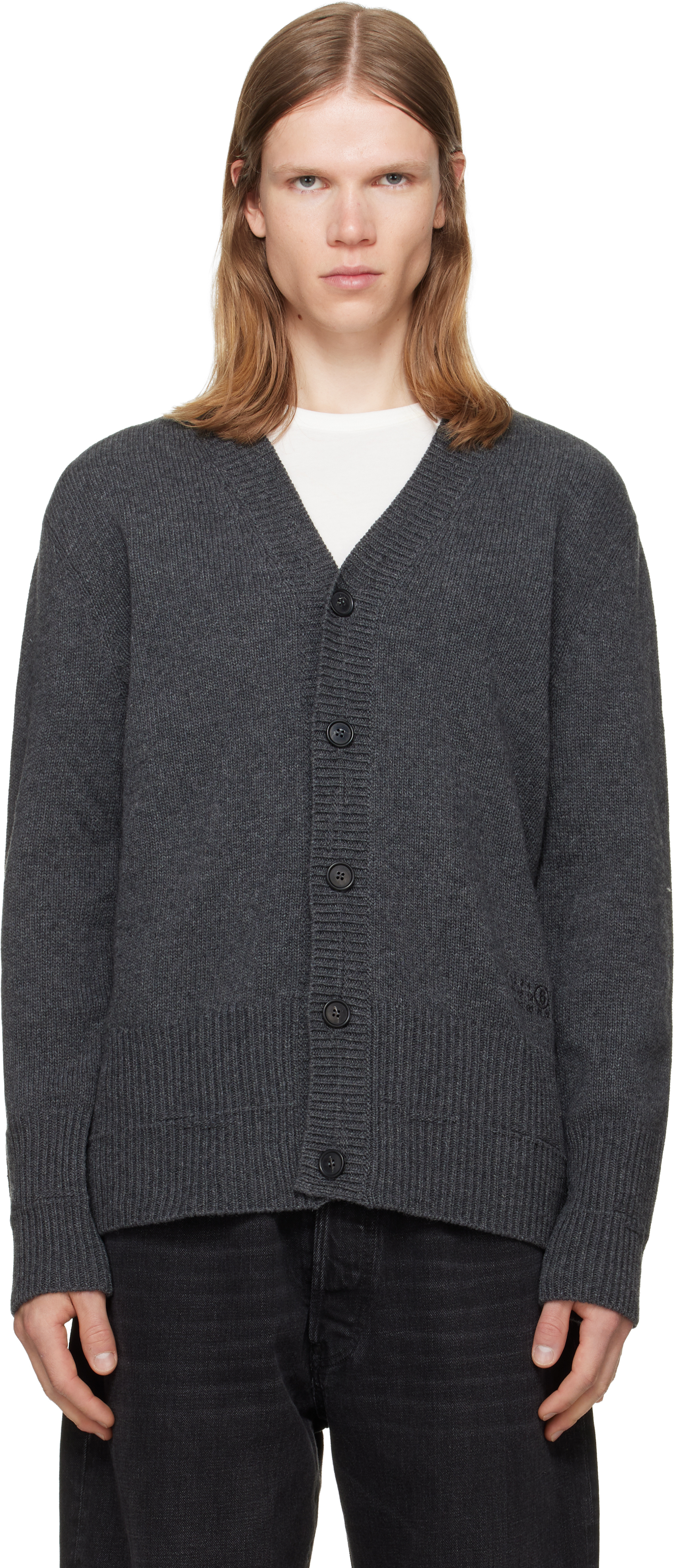 MM6 Maison Margiela: Gray Wool V-neck Cardigan | SSENSE