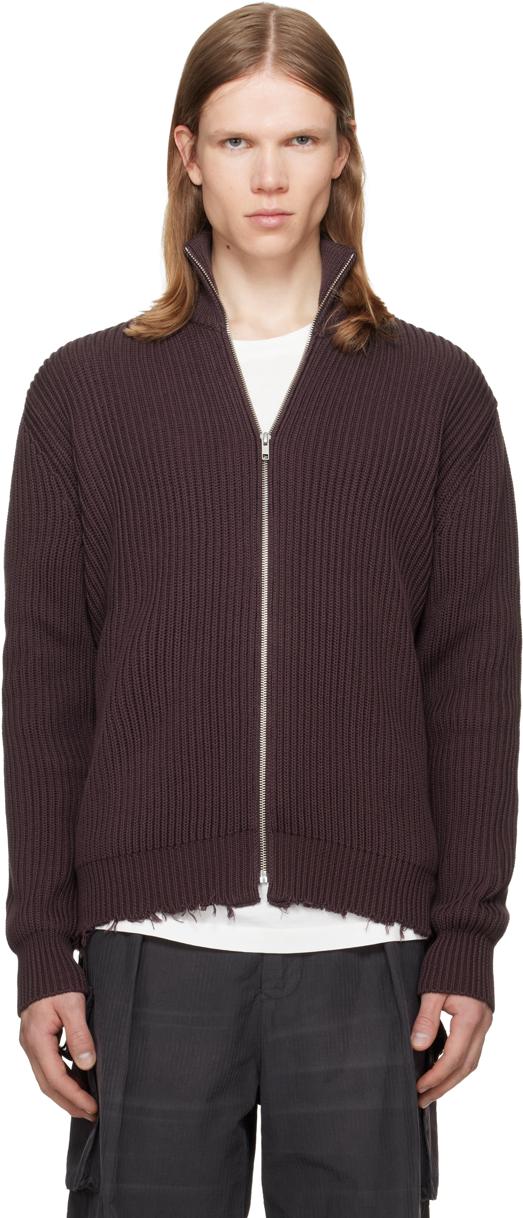MM6 Maison Margiela: Brown Ribbed Cotton Sweater | SSENSE