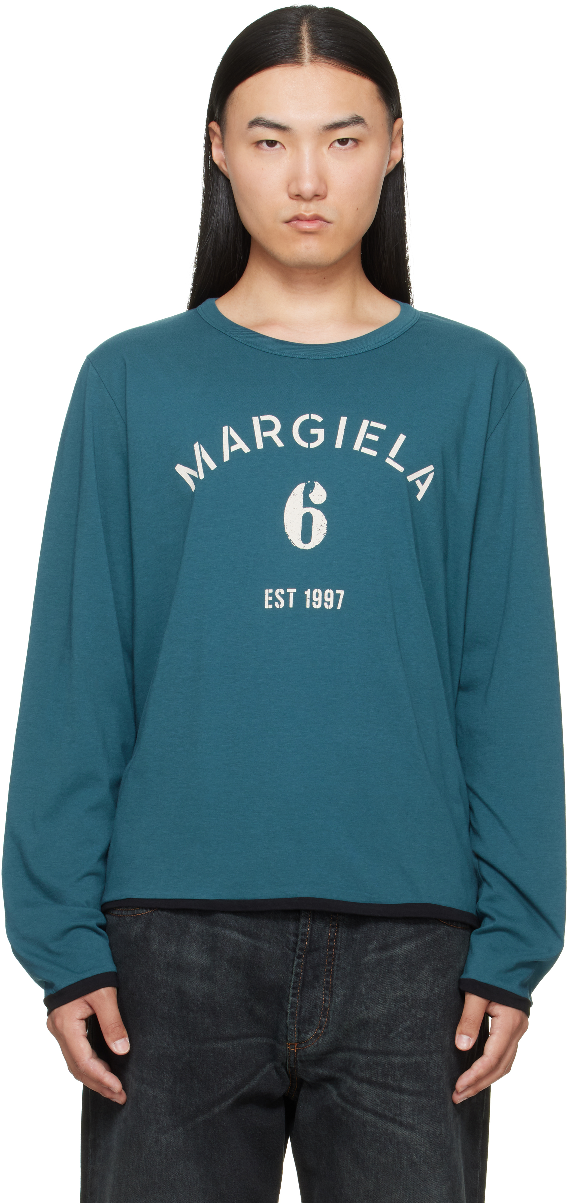 MM6 Maison Margiela: Blue Long-Sleeved Reversible T-shirt | SSENSE