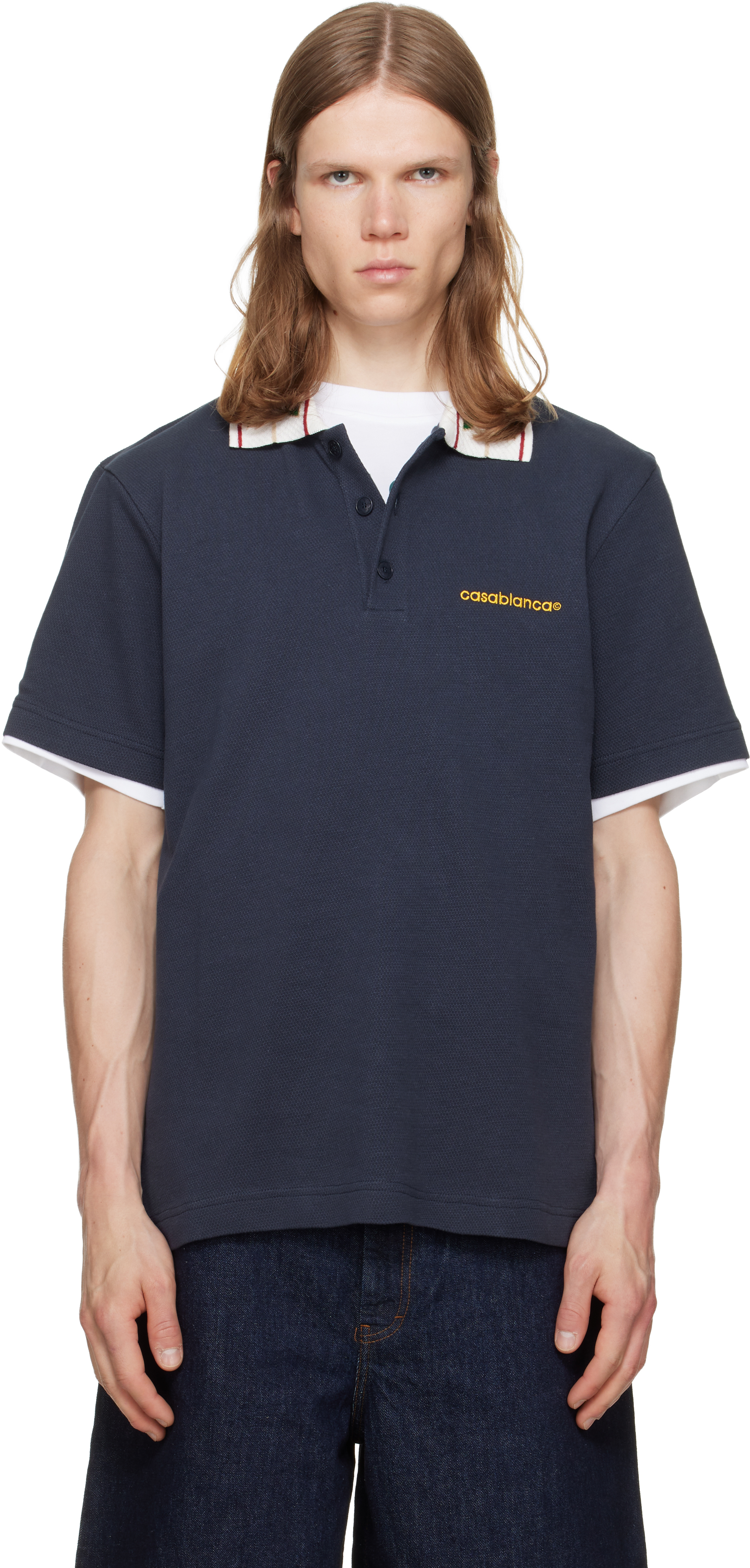 Casablanca: Navy Laurel Pique Short Sleeve Polo | SSENSE Canada