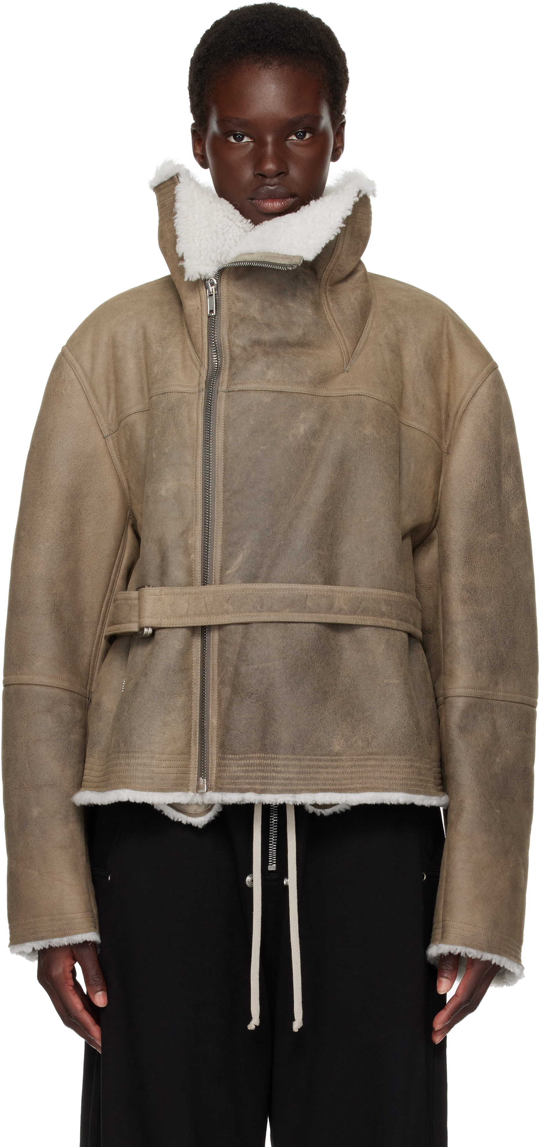 Rick Owens: Gray Tower Shearling Cropped Flight Jacket | SSENSE 日本