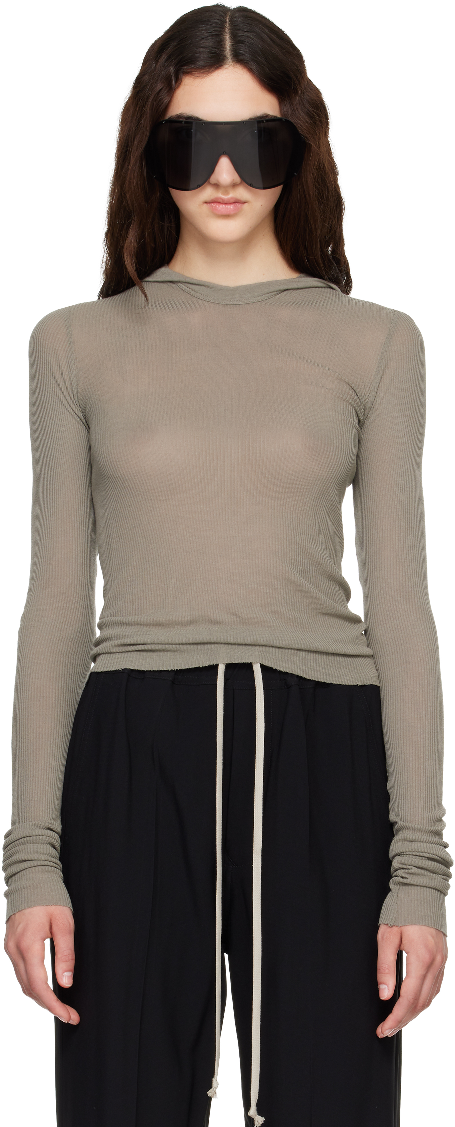 Rick Owens: Taupe Tower Cropped Hooded Rib LS T-shirt | SSENSE