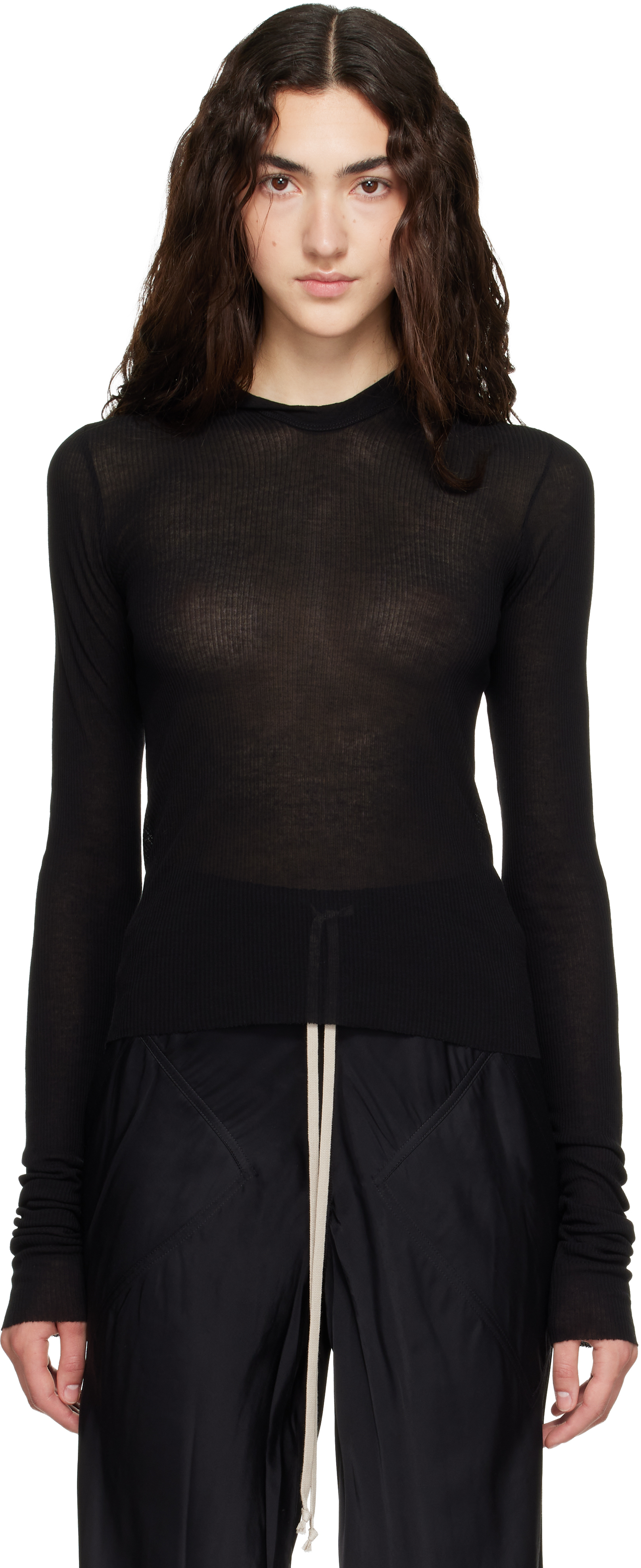 Rick Owens ブラック ドレープ長袖トップス XS Rick Owens: Black Tower Cropped Rib LS Hoodie | SSENSE Canada