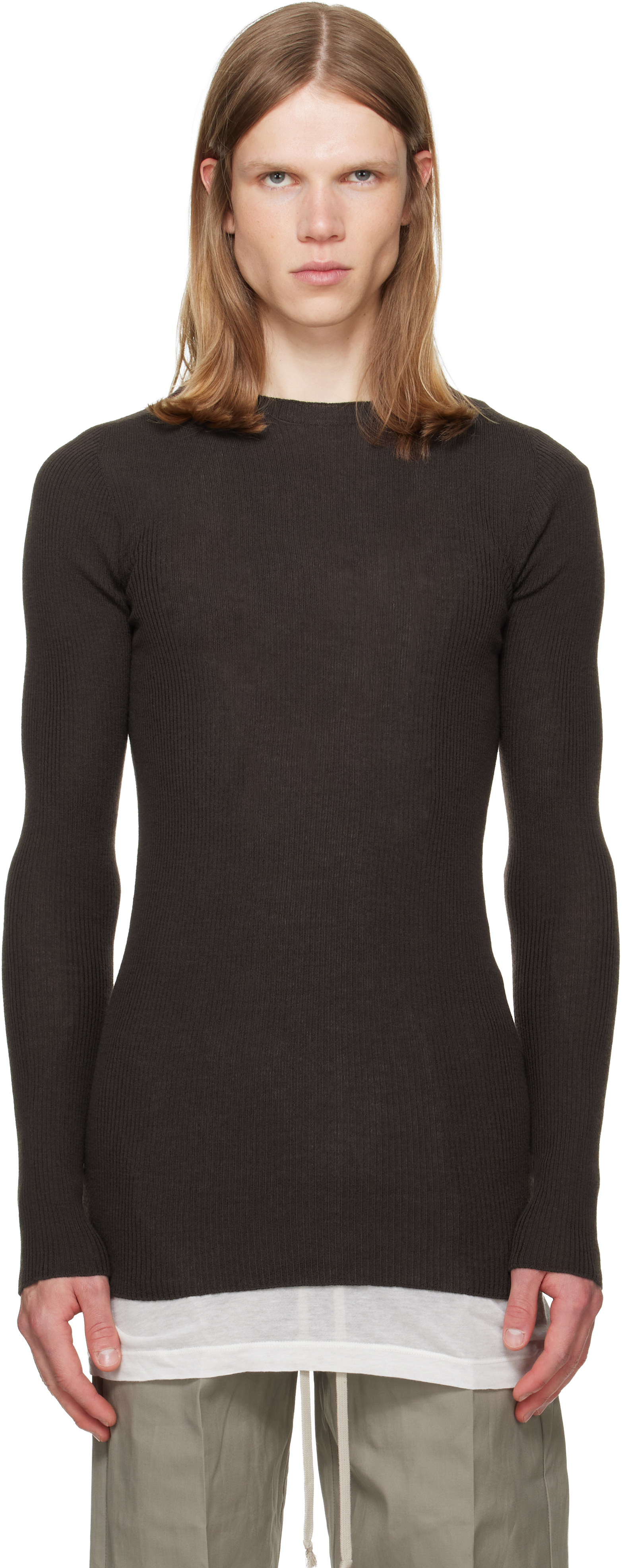 Rick Owens: Brown Tower Ribbed Round Neck Sweater | SSENSE