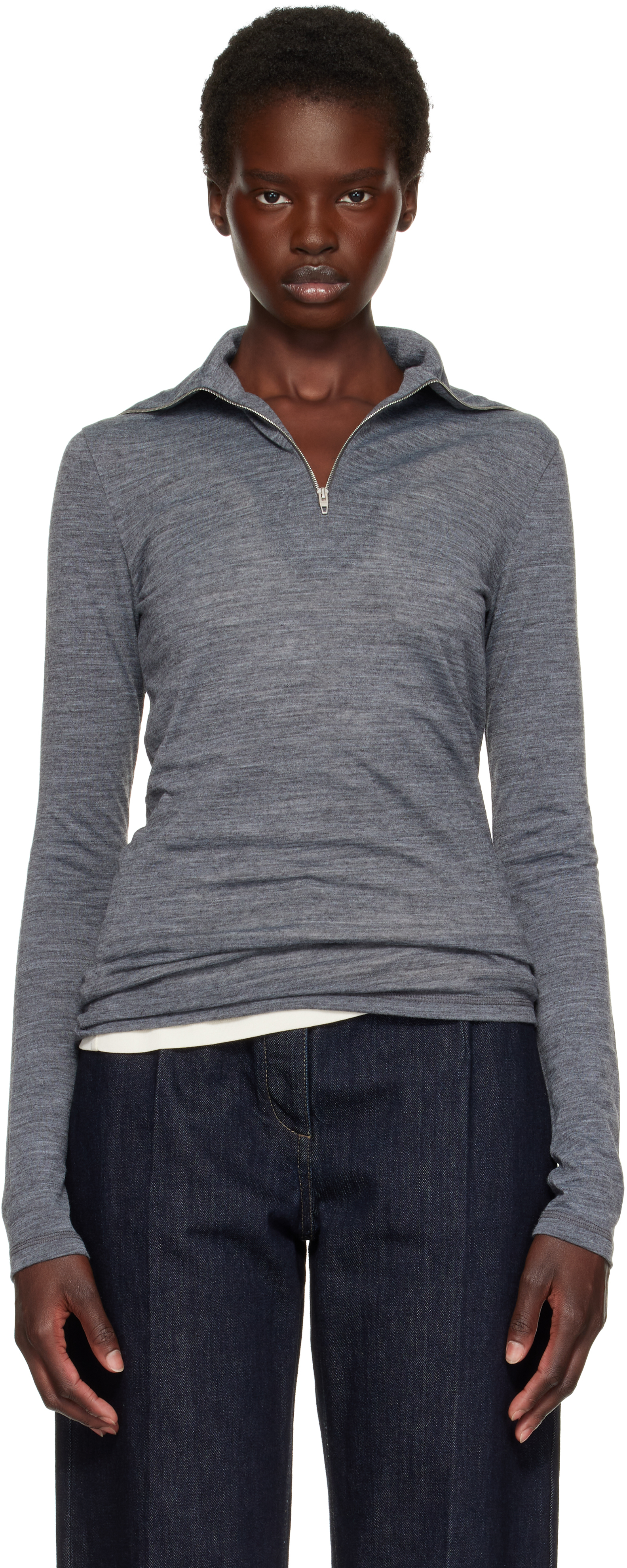 Jil Sander: Gray Wool Half Zip Polo | SSENSE