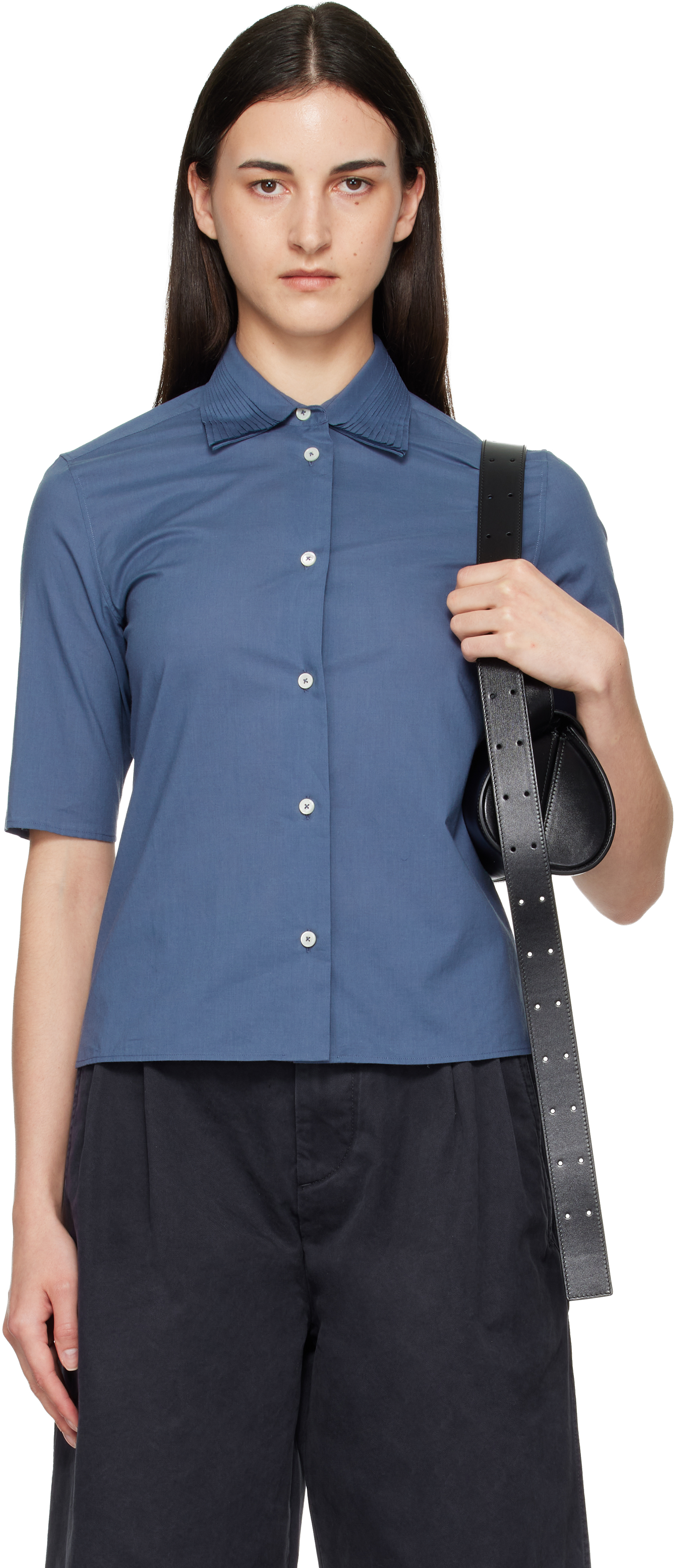 Jil Sander: Blue Slim Fit Short Sleeve Back Darts Shirt | SSENSE