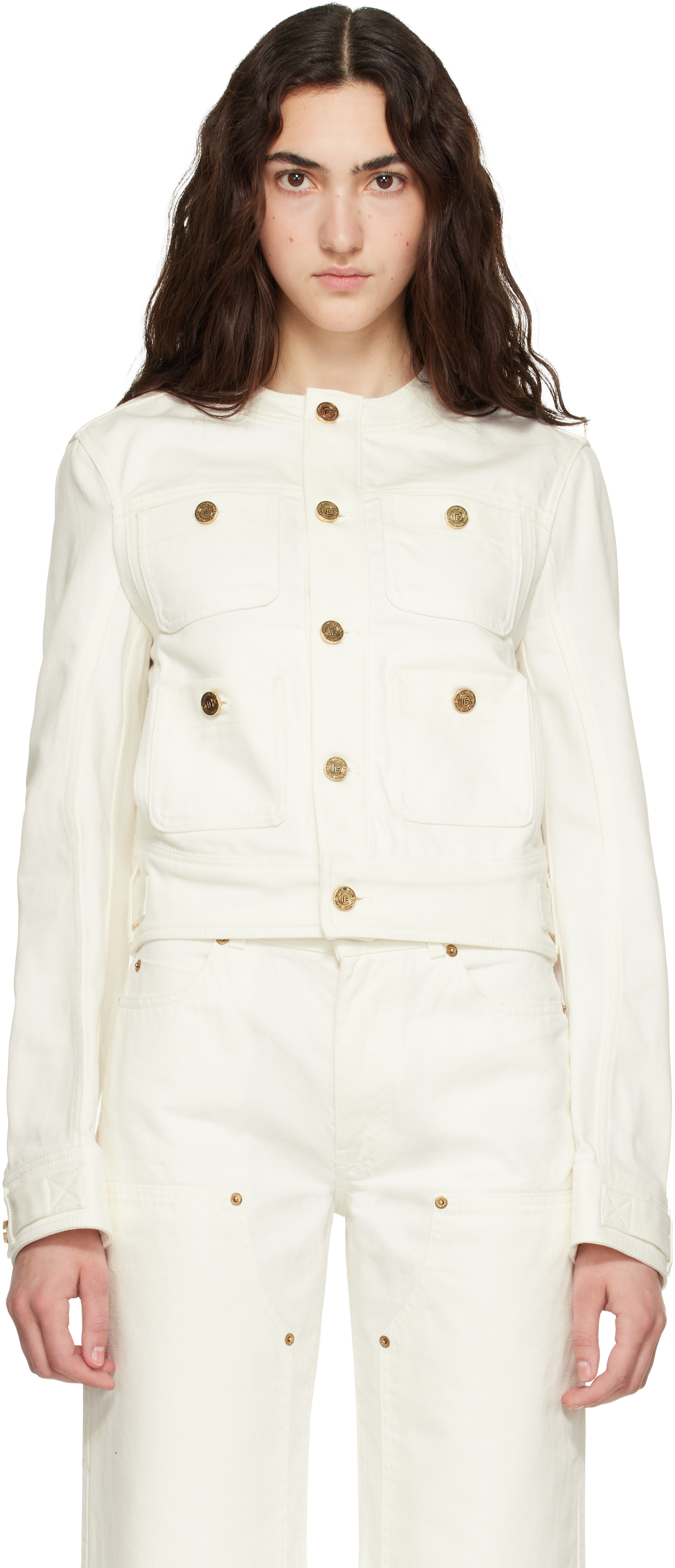 Balmain: オフホワイト パッチポケット デニムジャケット | SSENSE 日本
