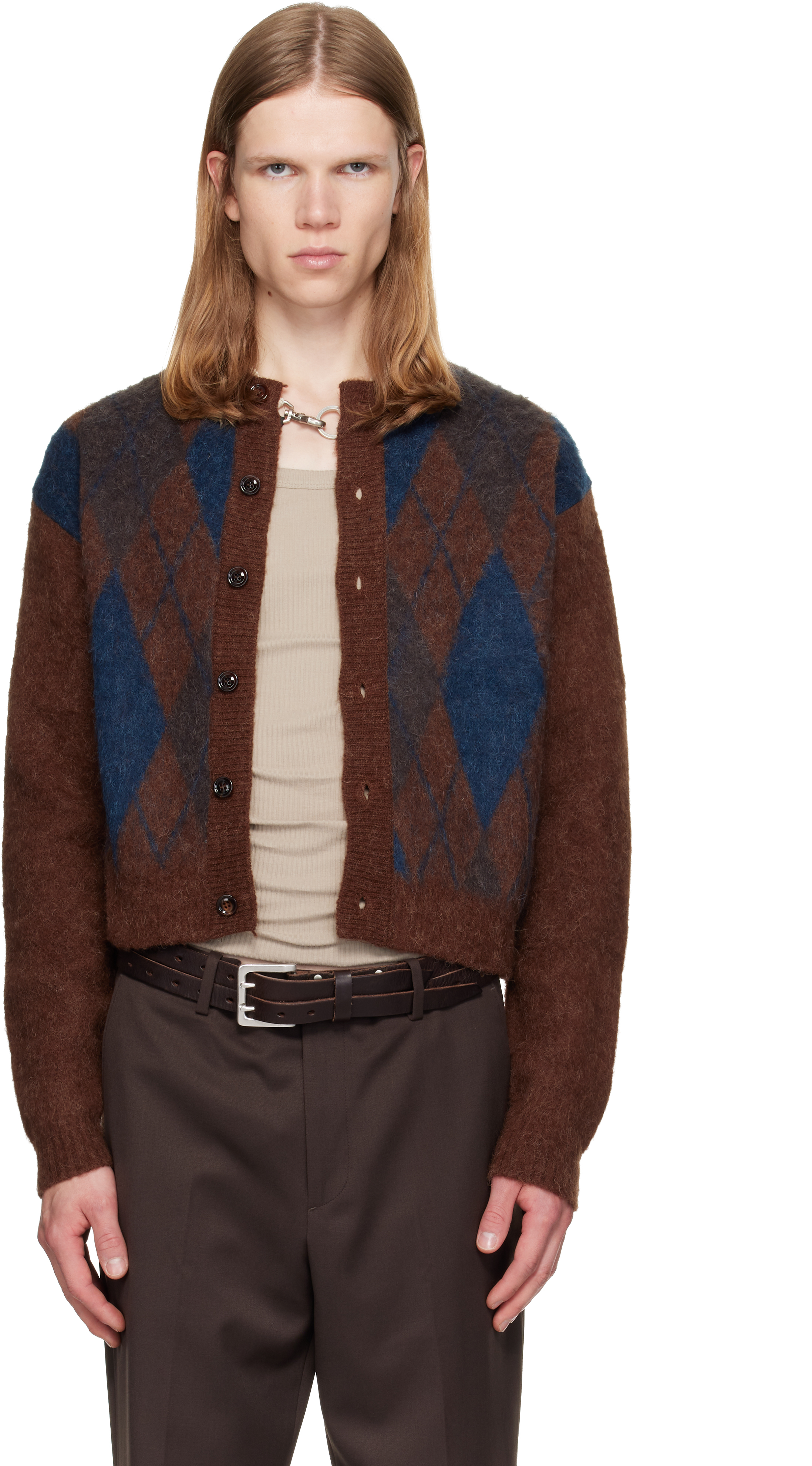 TONYWACK: Brown Brushed Argyle Cardigan | SSENSE