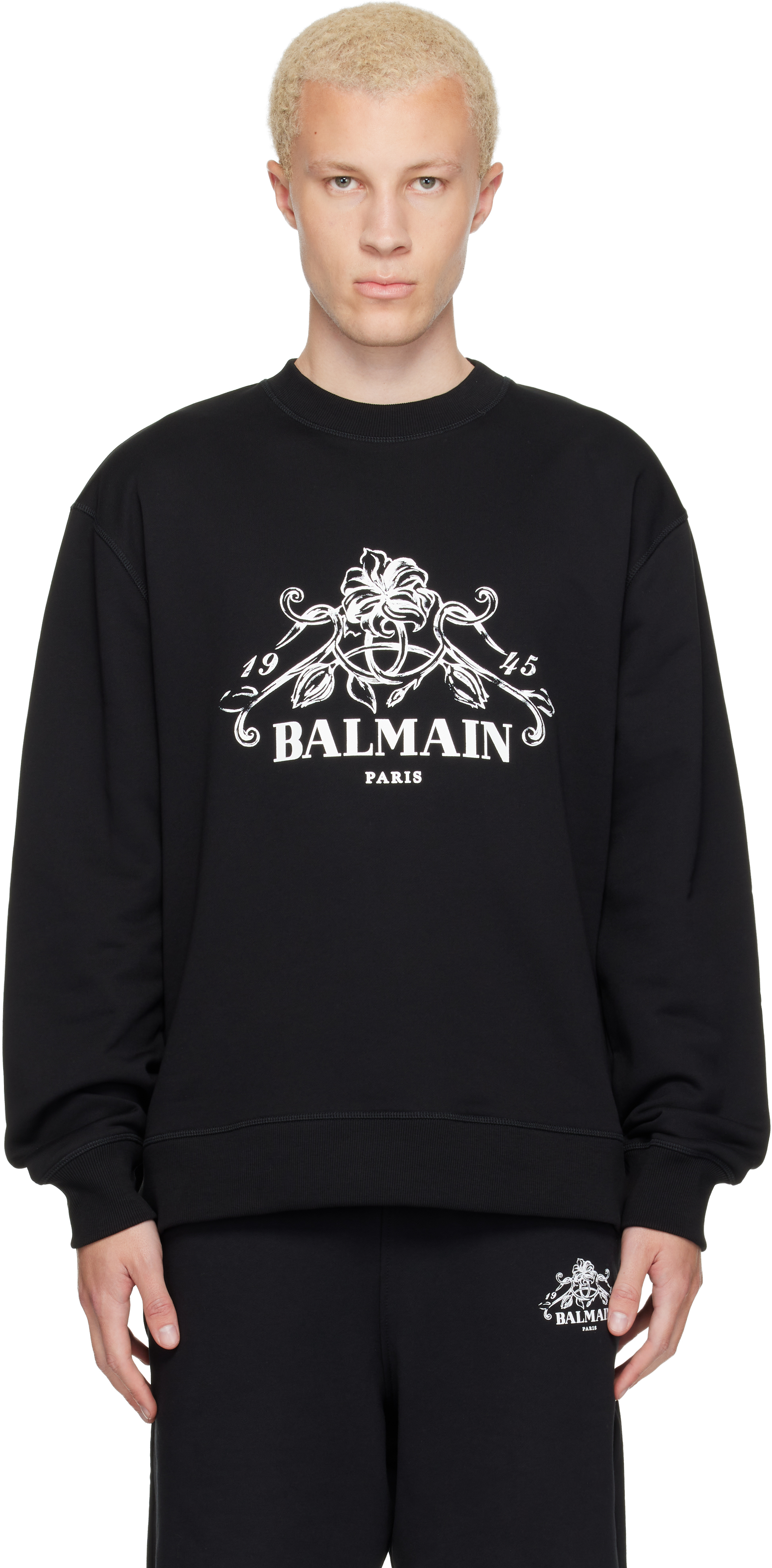 BALMAIN: Black Printed 'Balmain Vine' Sweatshirt | SSENSE