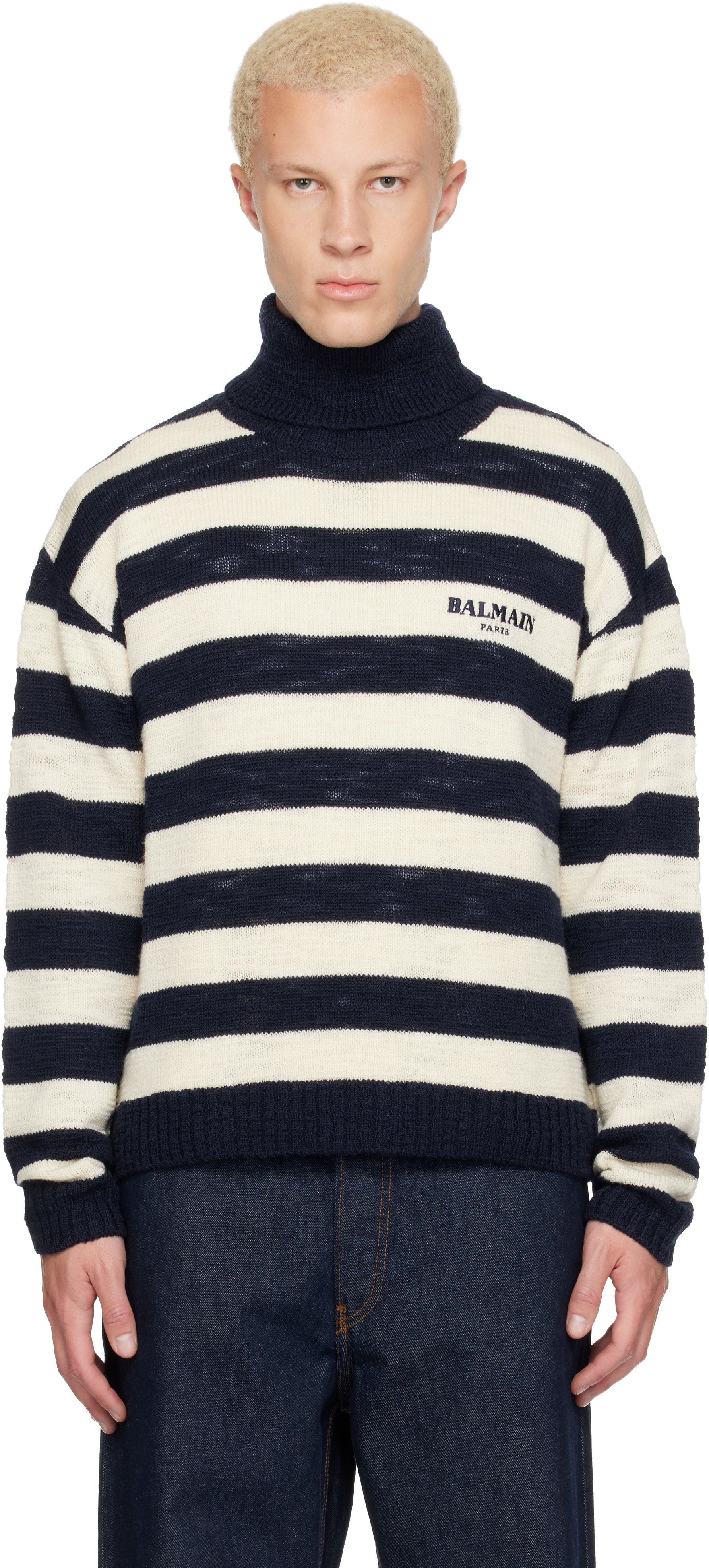 専用★新品ハイネックMARINE STRIPE Balmain: ネイビー＆オフホワイト Mariniere Vintage ウール
