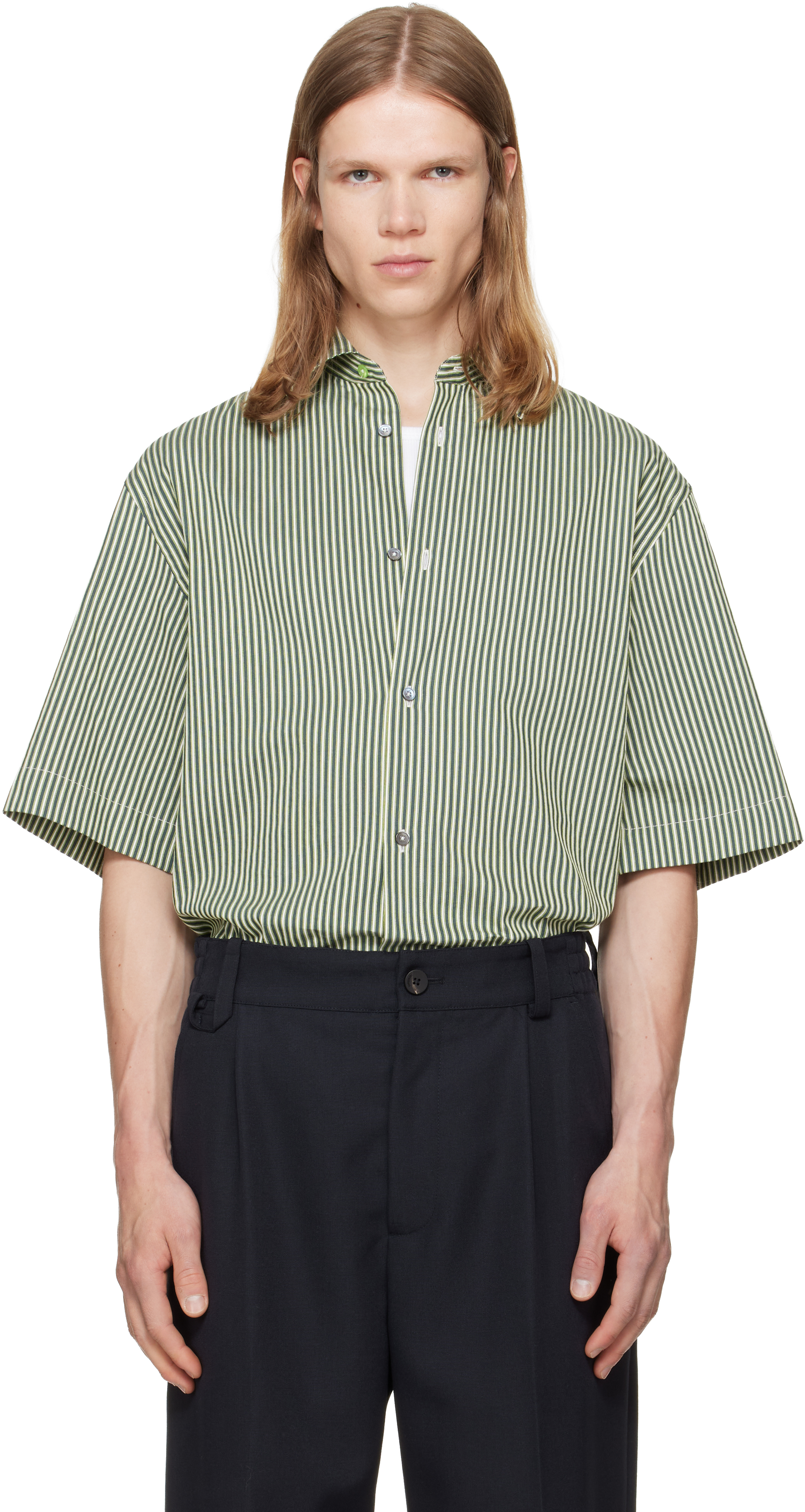 Paul Smith: グリーン ストライプ オーバーサイズ コットン シルク